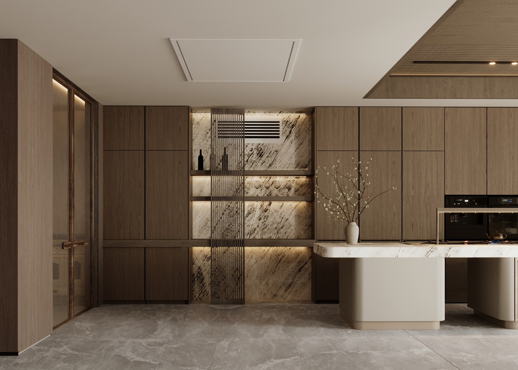 Timber cabinetry and a pale stone kitchen island