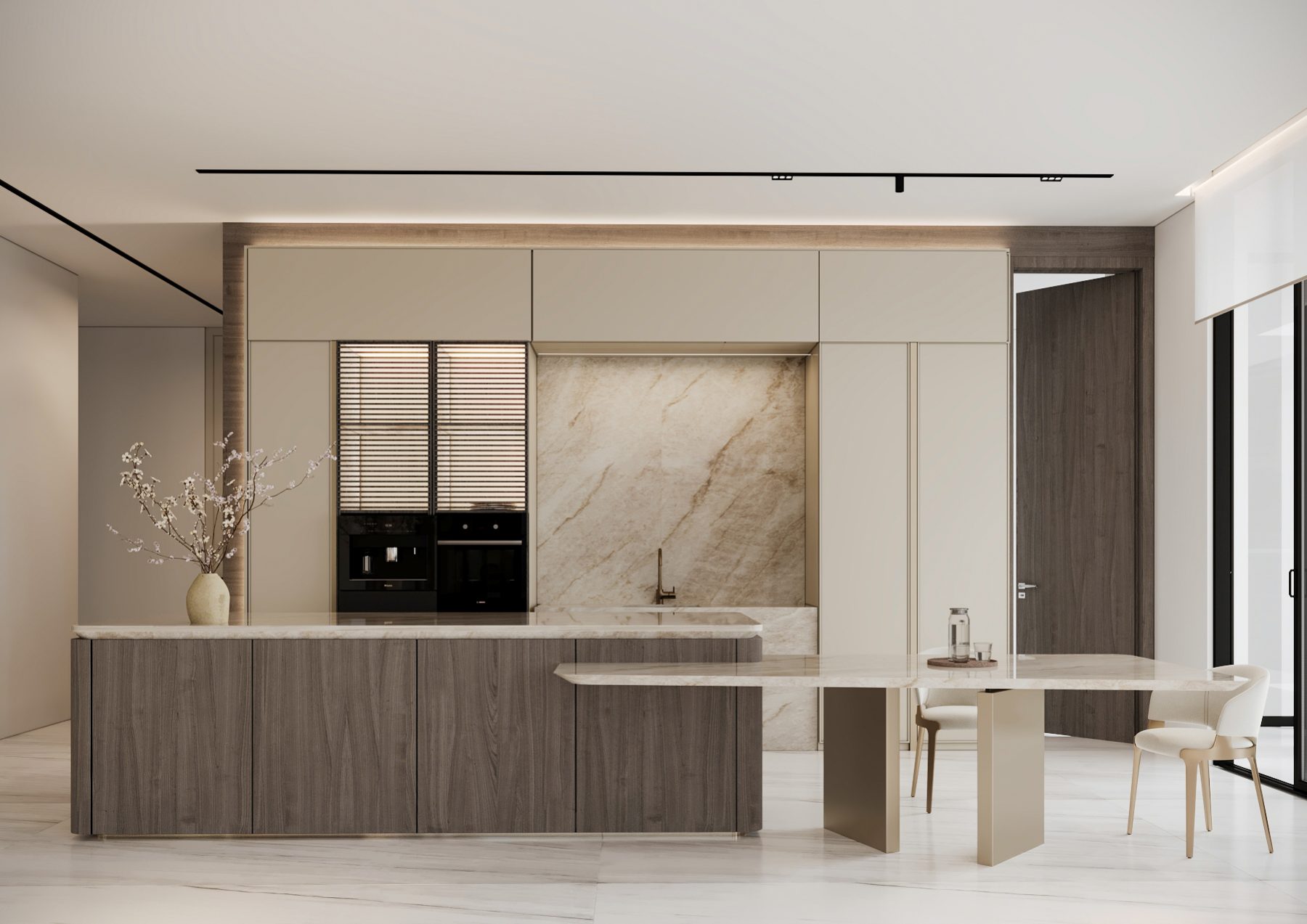 Timber-front kitchen island with a stone breakfast table and illuminated cabinetry.