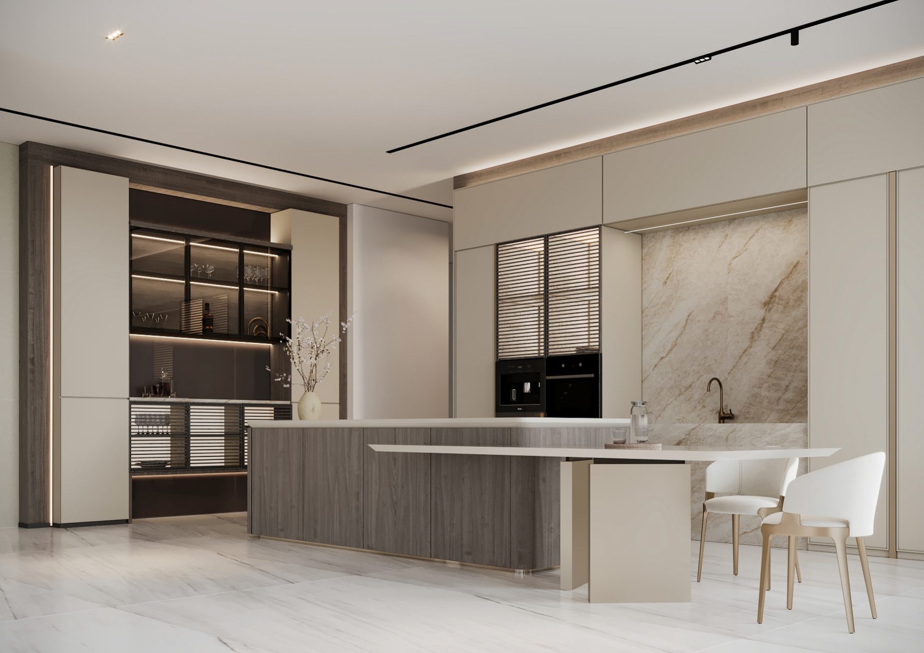 Stone kitchen island with white dining chairs and dark display shelves.