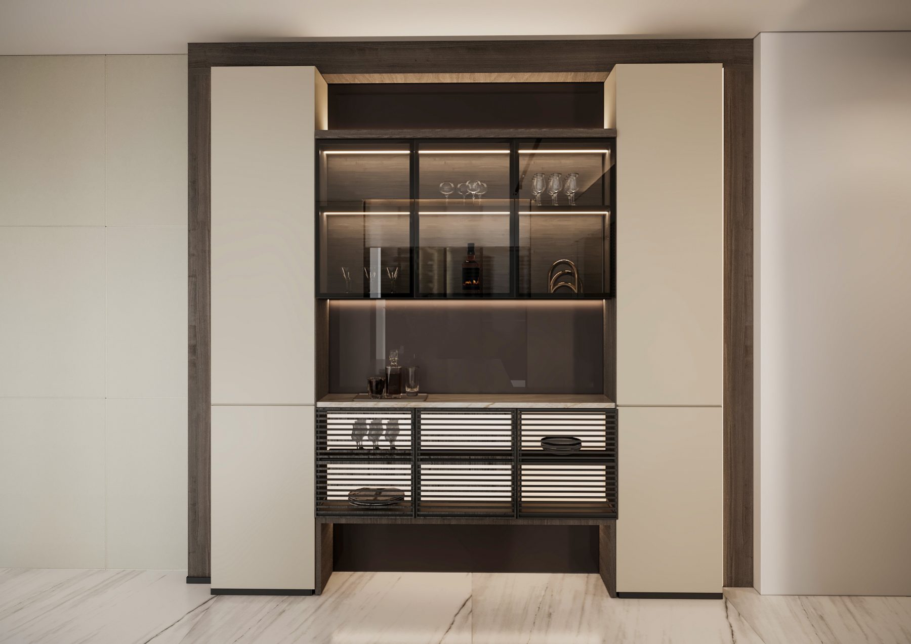 Recessed drinks cabinet with glass-front shelves and warm lighting.