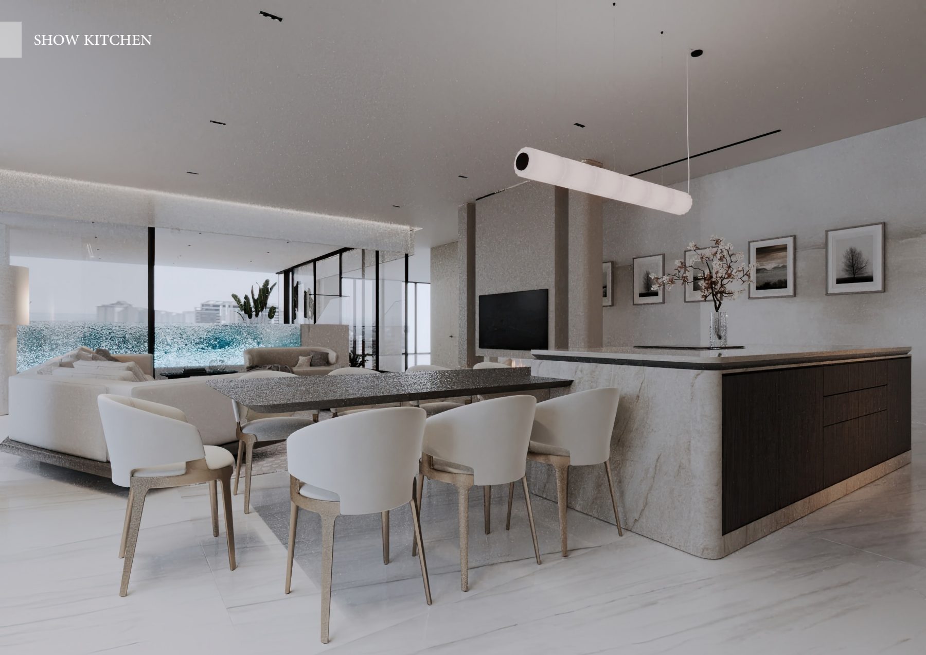 Kitchen breakfast table and cream chairs overlooking the living room.
