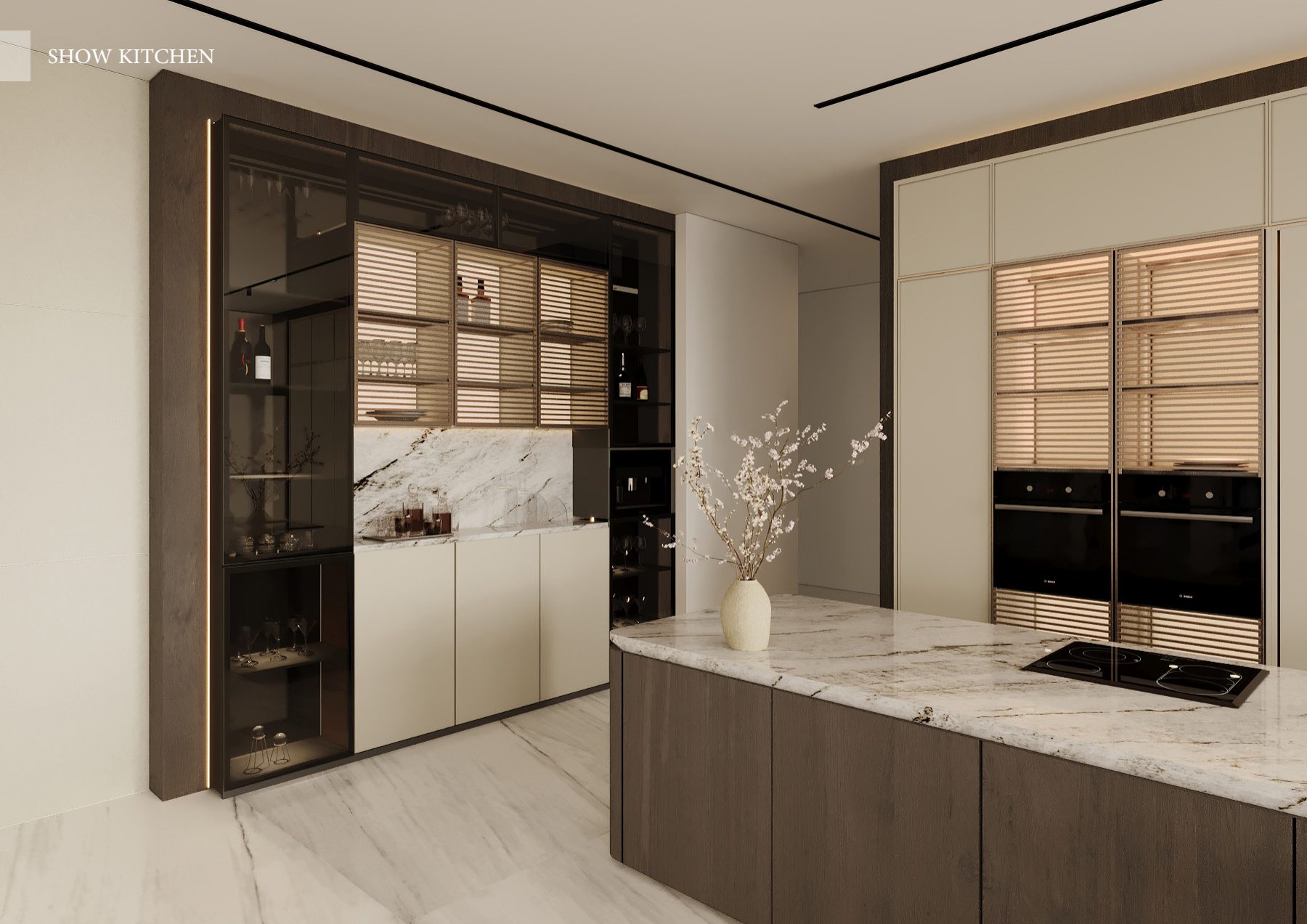 Kitchen island with stone worktop and bronze-framed storage cabinets.