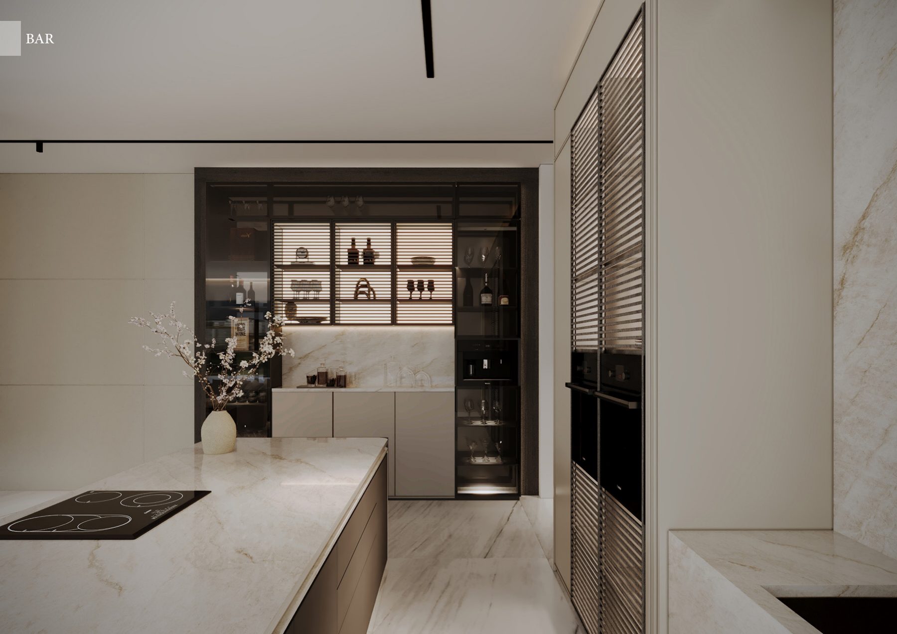 Long stone kitchen worktop leading toward a dark drinks cabinet.