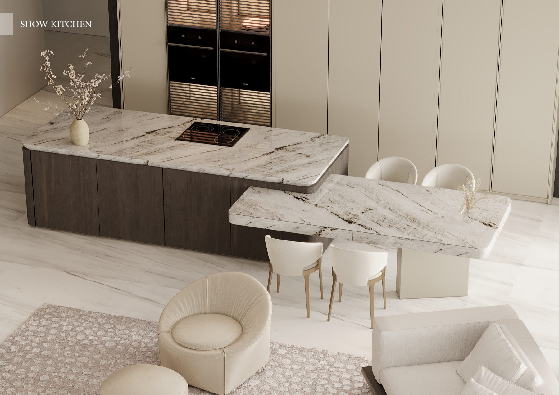 Overhead view of kitchen island and adjoining stone breakfast table.