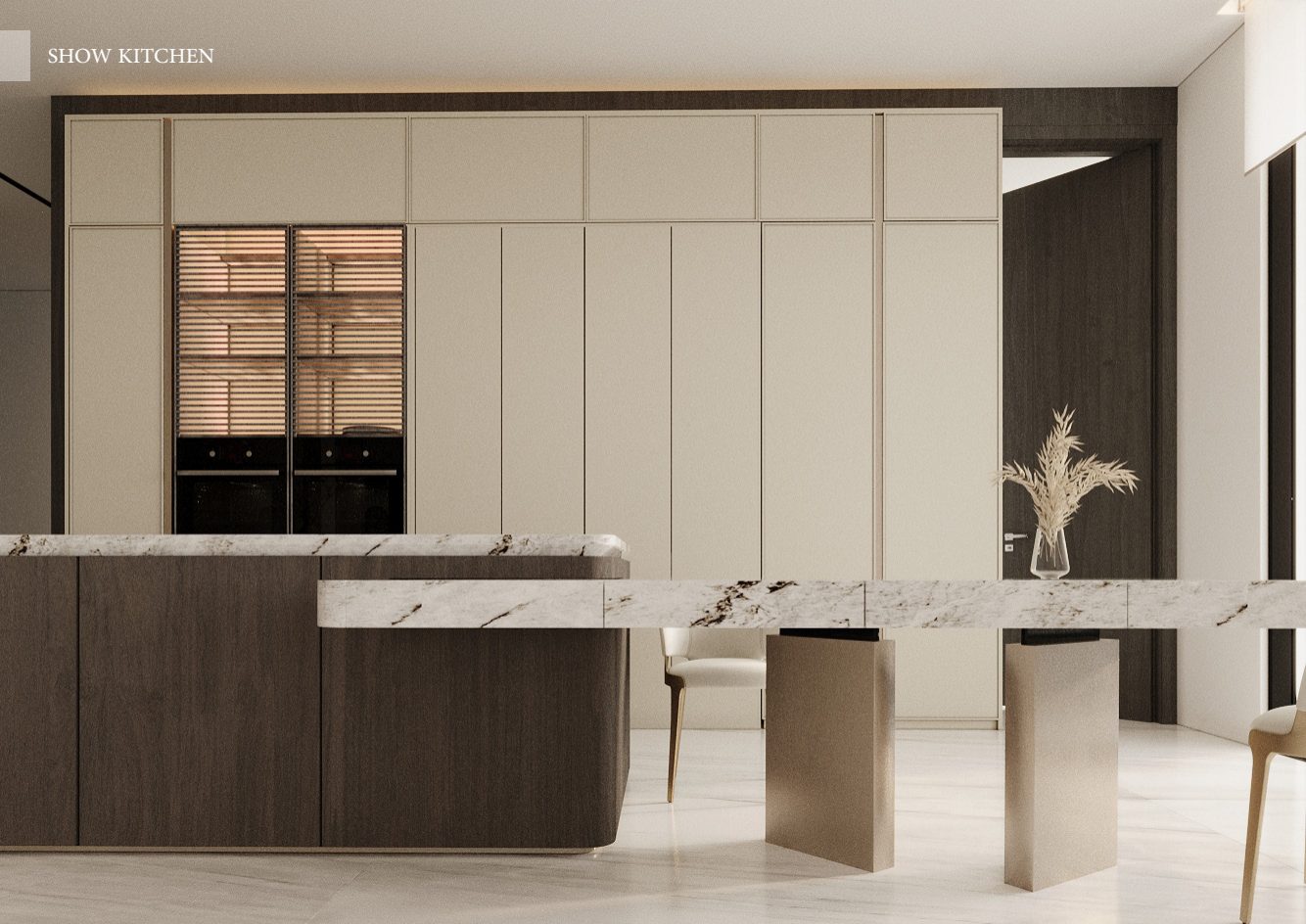 Front view of pale stone breakfast table and timber kitchen island.