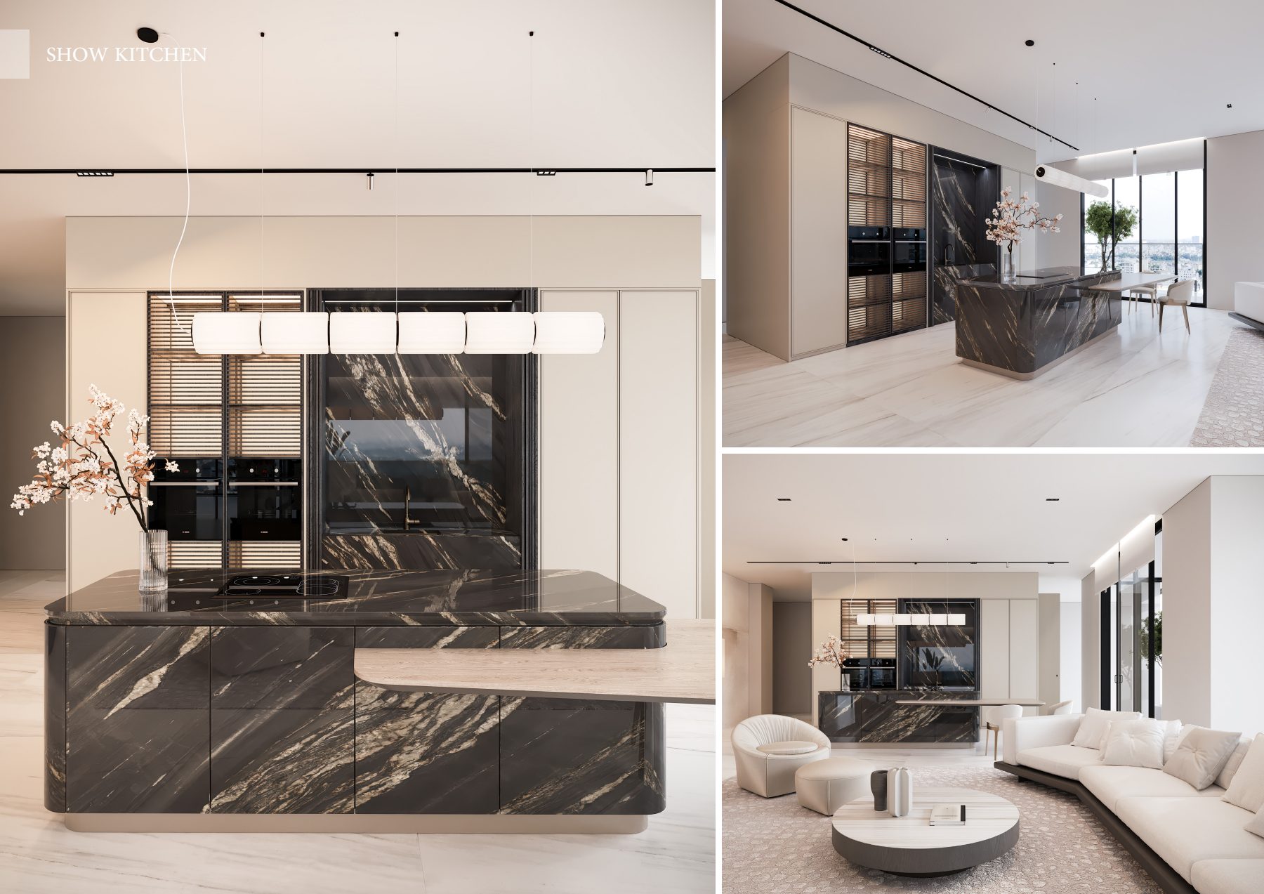 Three-view presentation of a dark veined-stone kitchen and adjacent living room.