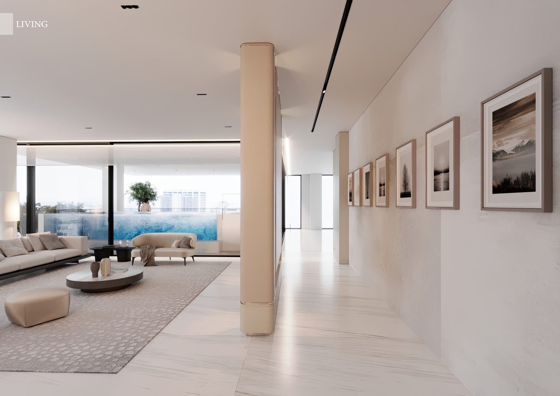 Light-filled living room with cream sofas and a wall of framed artwork.