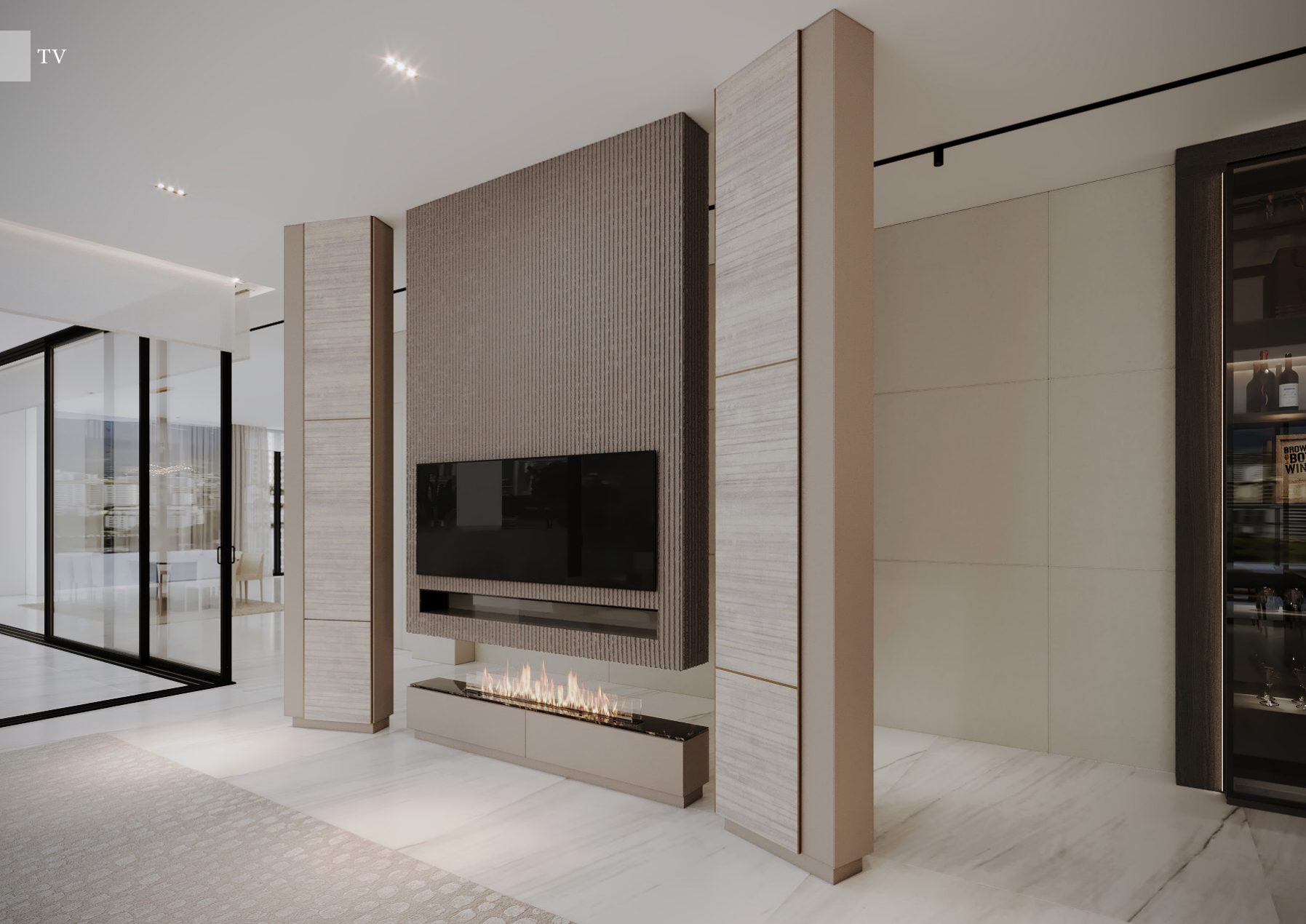 Television wall with stone columns and a linear fireplace.