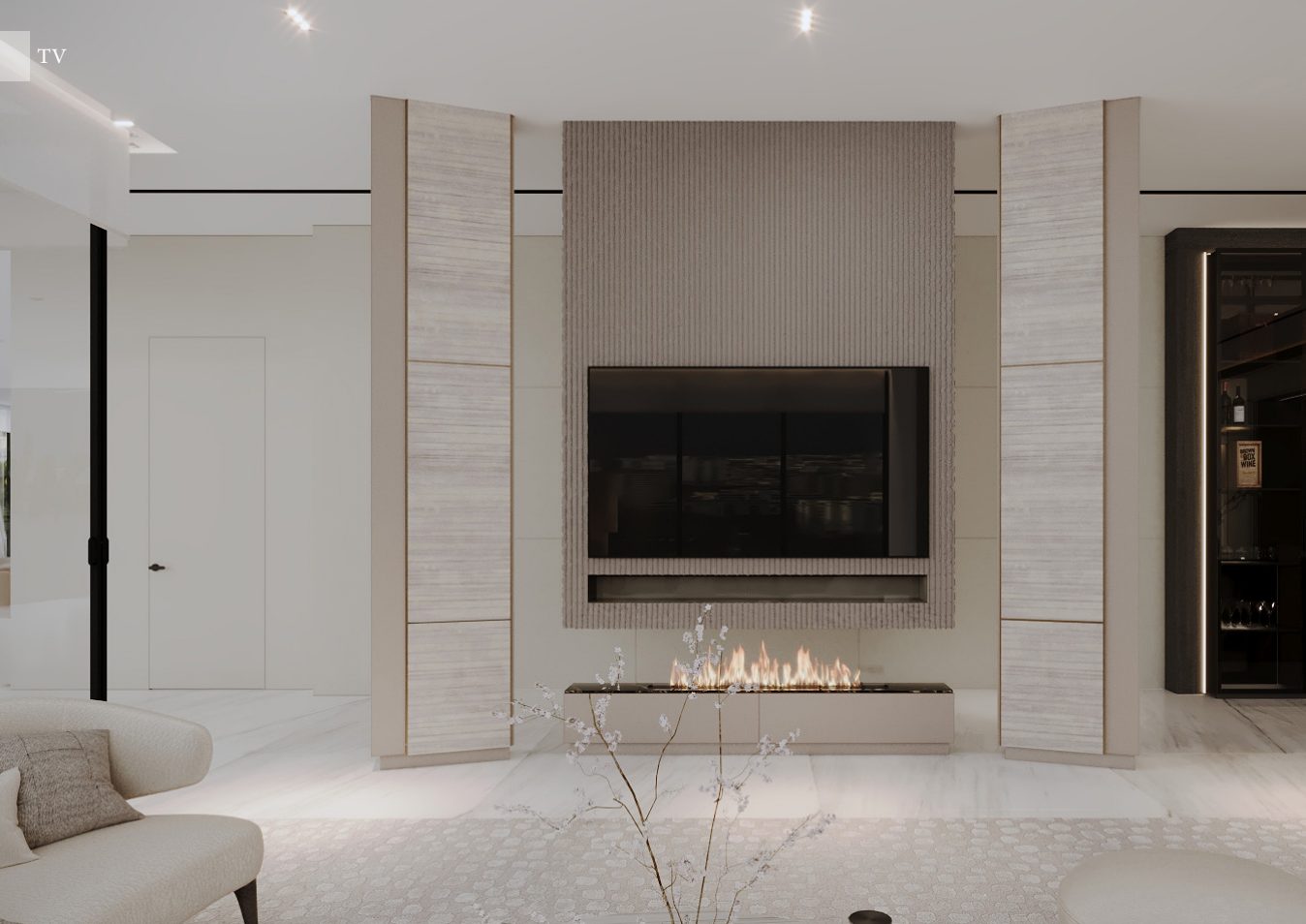 Front view of a television and linear fireplace framed by pale stone.