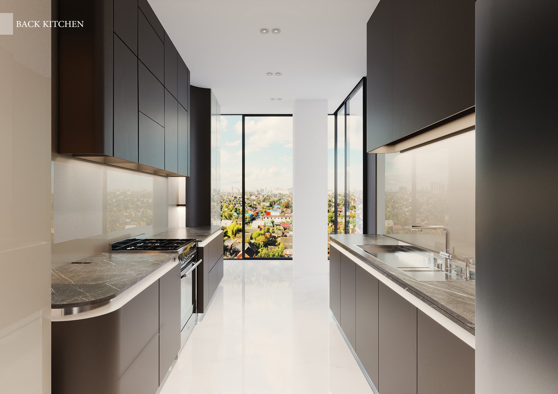 Narrow secondary kitchen with dark cabinetry and a garden-facing window.