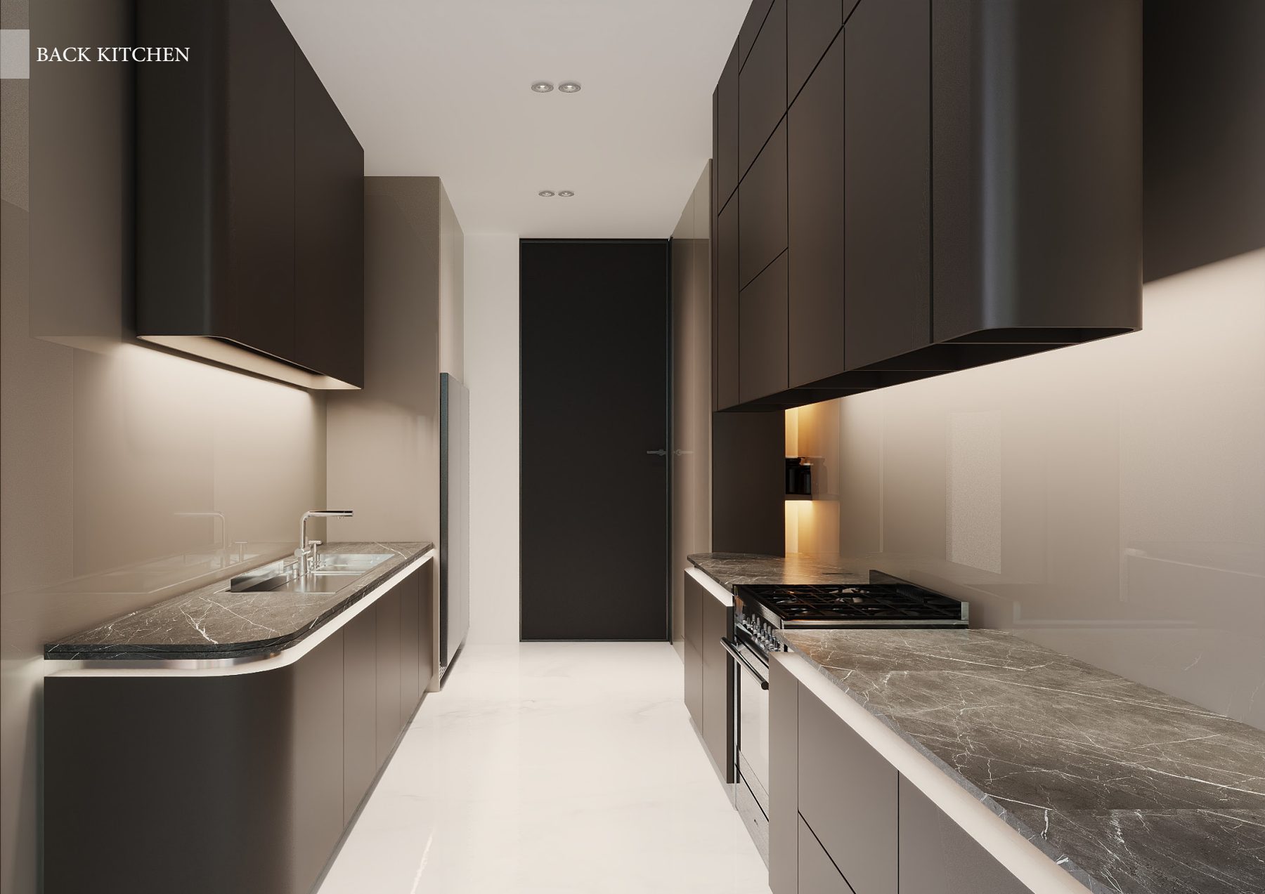 Secondary kitchen with two facing worktops and illuminated stone splashbacks.