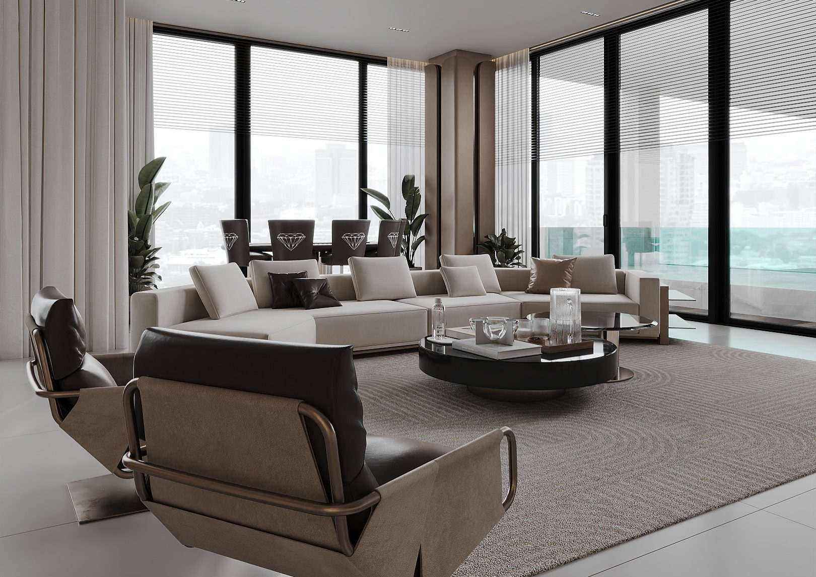 Cream sofas and a dark lounge chair beside expansive corner windows.
