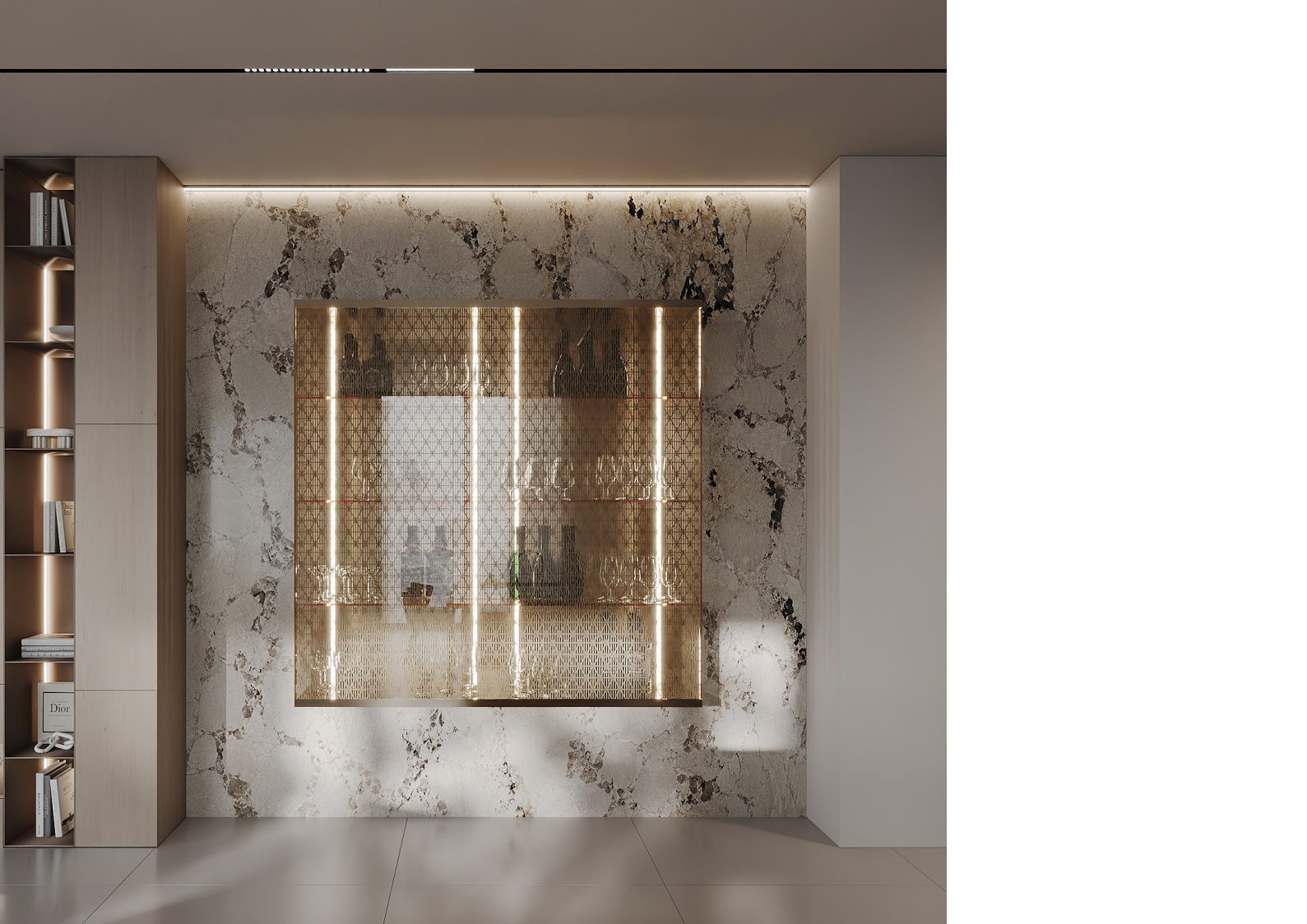 Illuminated sculptural stone panel framed by a pale veined-stone wall.