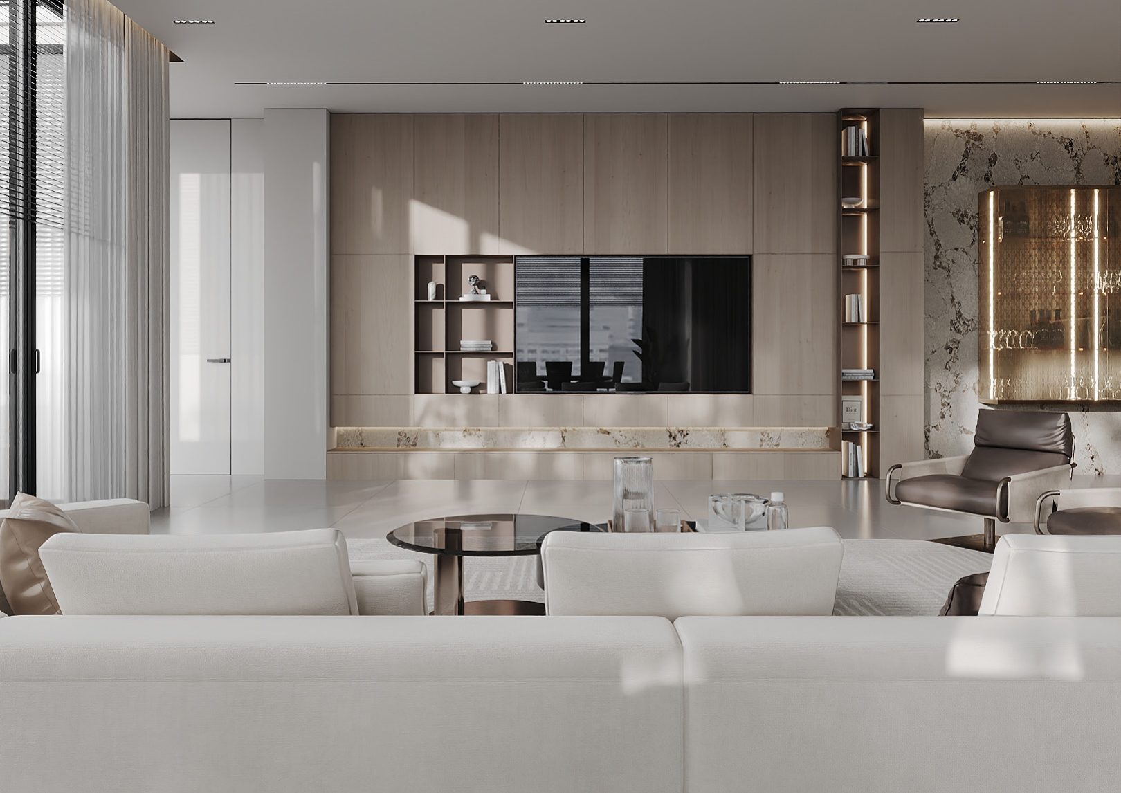 Living room with timber media cabinetry and an illuminated stone feature.