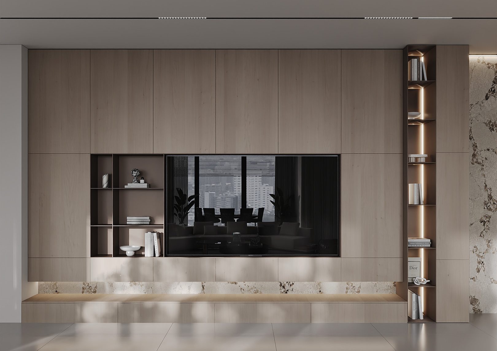 Timber television wall with open display shelves and a low stone console.