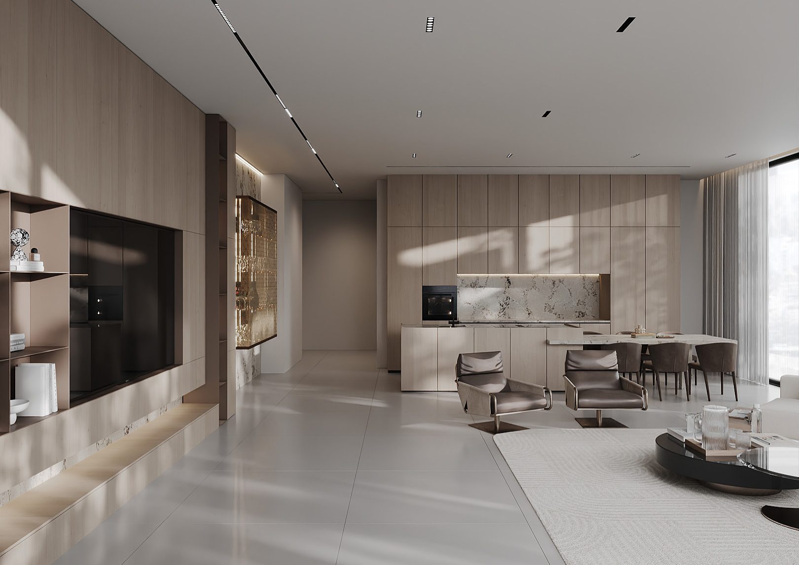 Sunlit lounge with sculptural chairs and a pale stone kitchen in the background.