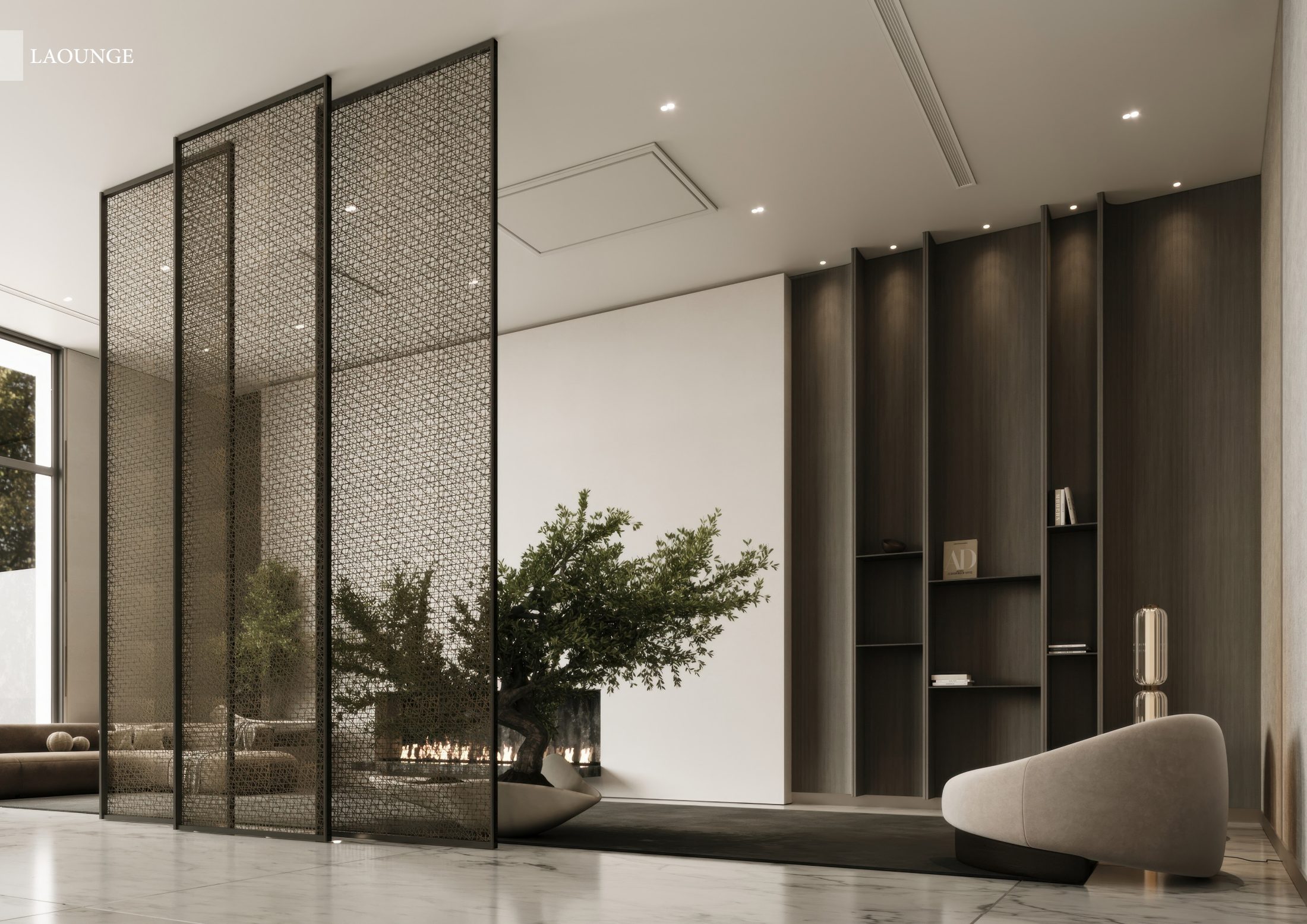Tall patterned screens with a sculptural planter and curved lounge chair.