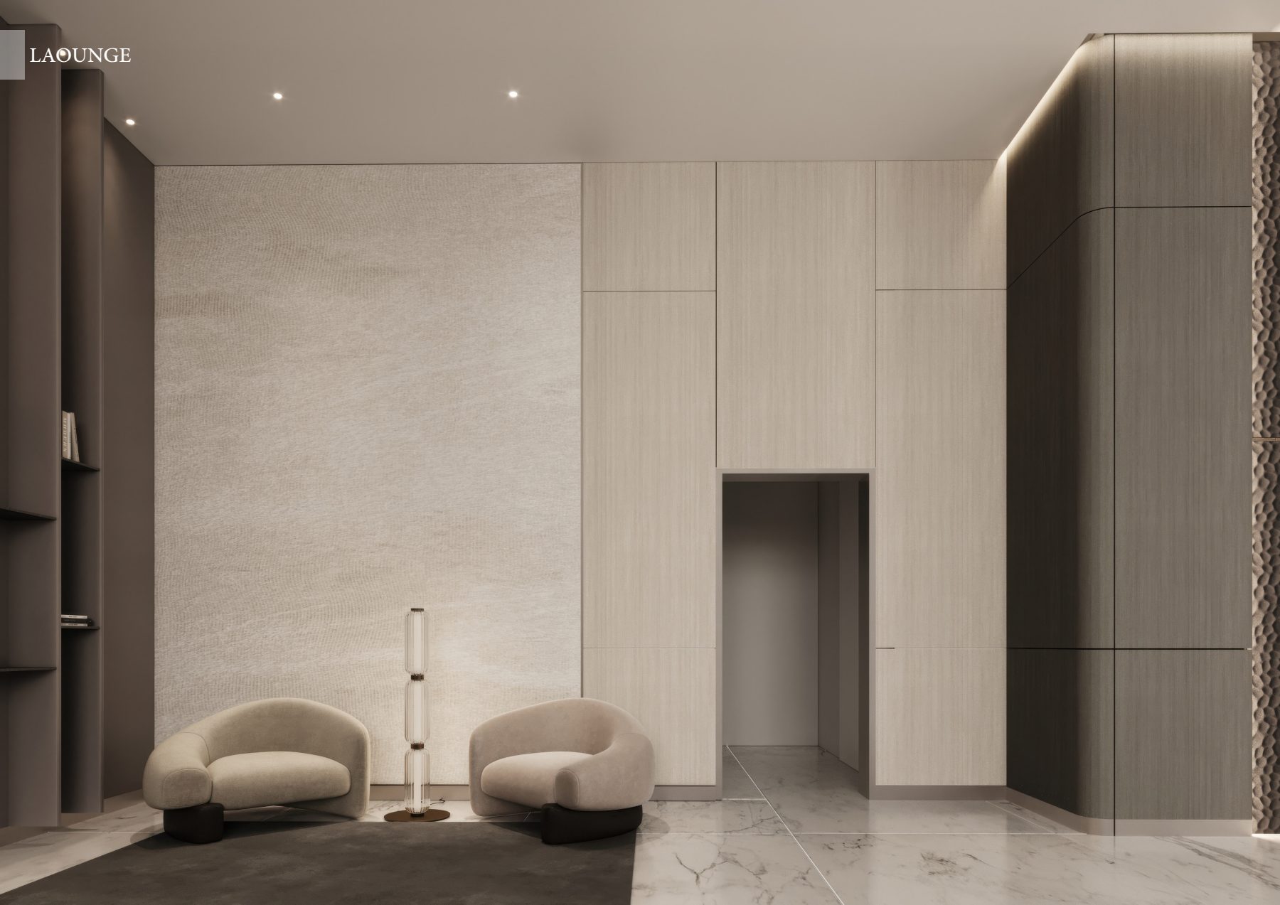 Two curved lounge chairs against a tall pale stone wall.