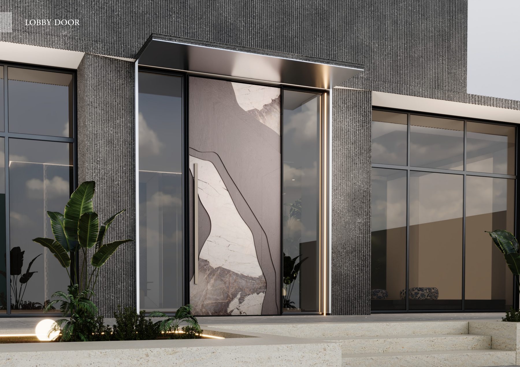 Exterior entrance with a tall sculptural stone door and glazed side panels.