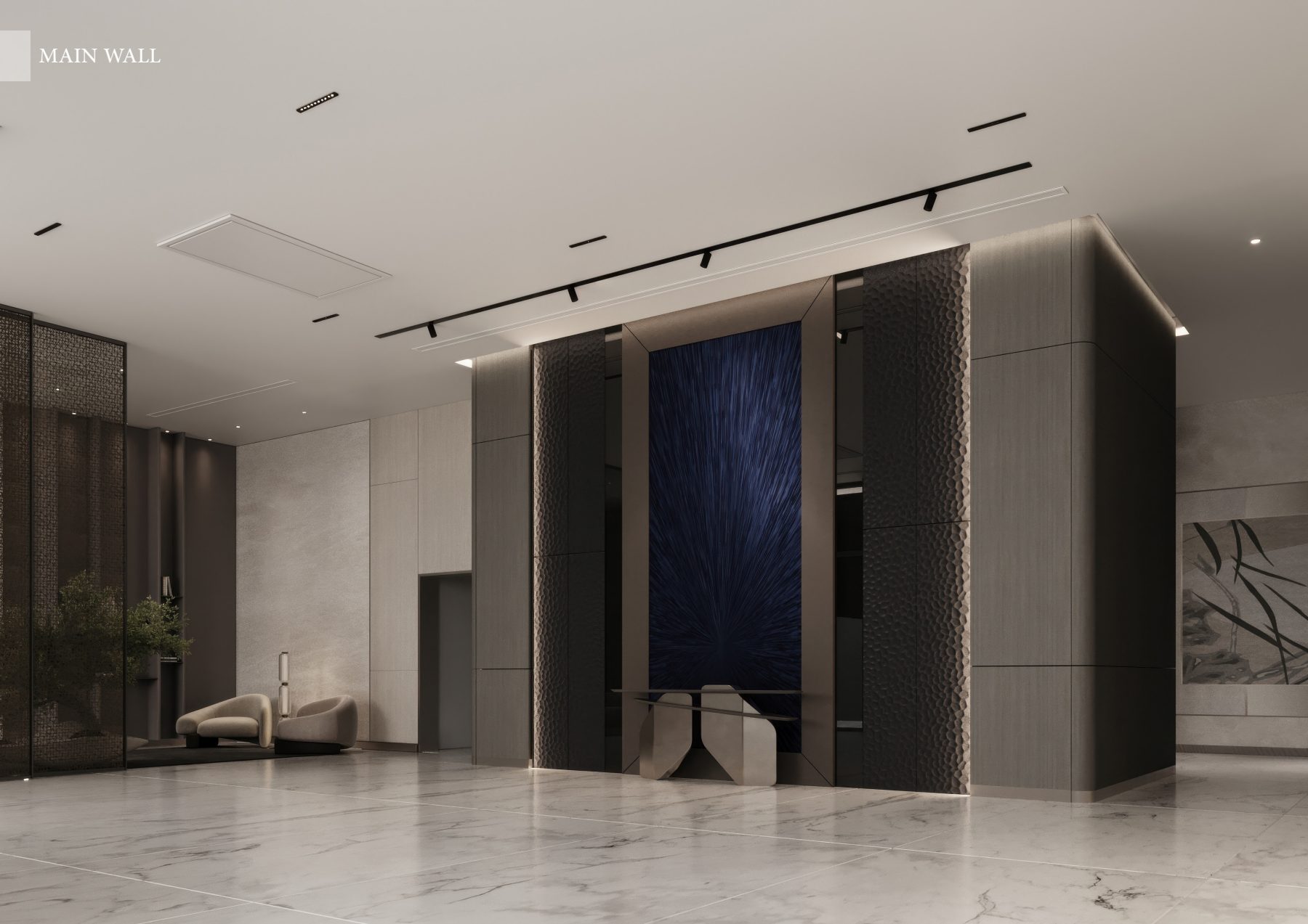 Large blue artwork set within dark wall panels beside a lounge.