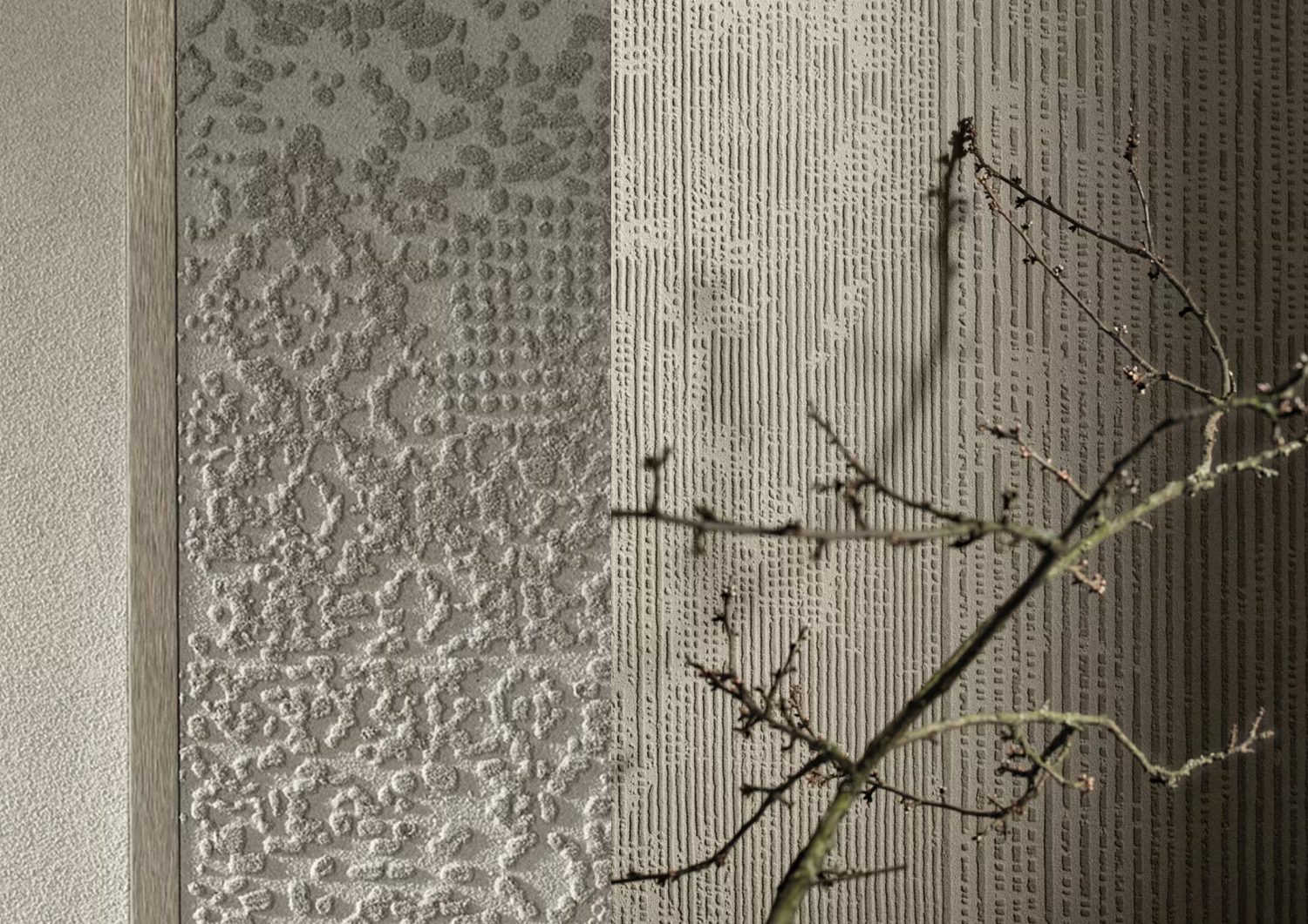 Close-up of a textured decorative screen and a slender tree branch.