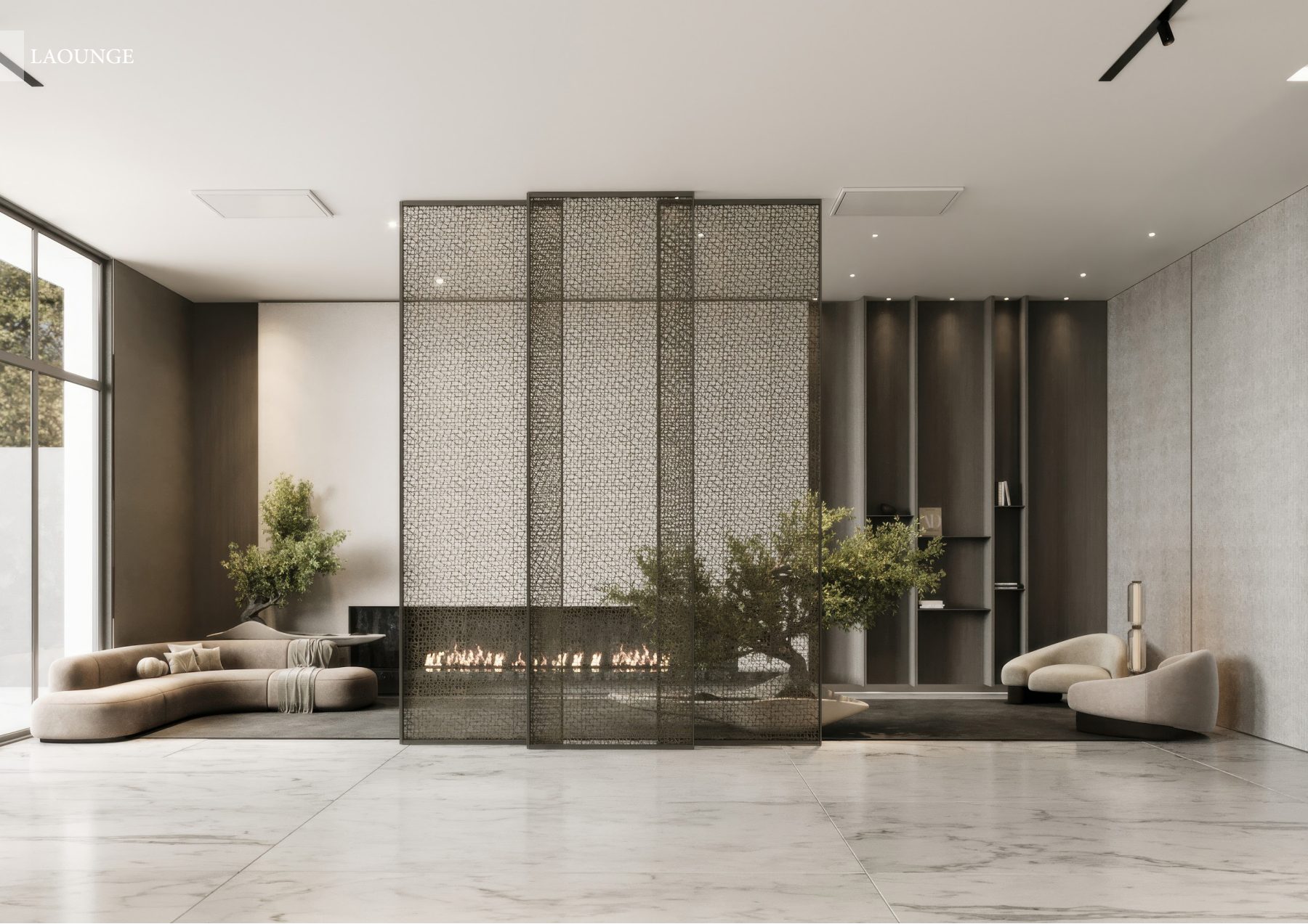 Wide view of a formal lounge divided by tall metal screens and a linear fireplace.