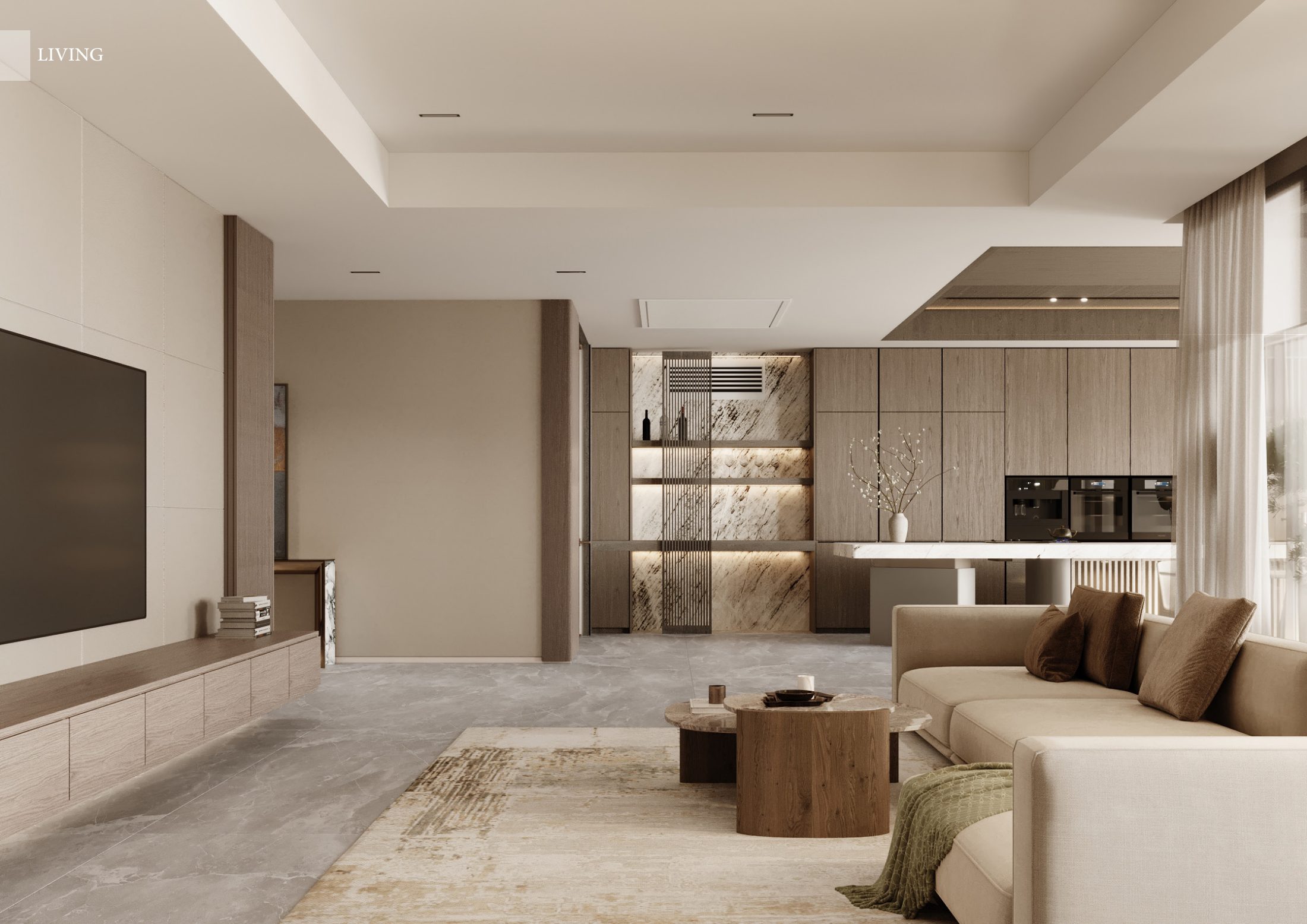 Warm neutral living room with a cream sofa and a timber kitchen beyond.