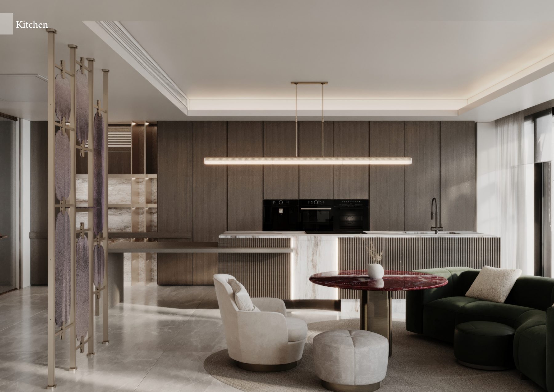 Timber kitchen cabinetry behind a burgundy round table and sculptural chairs.