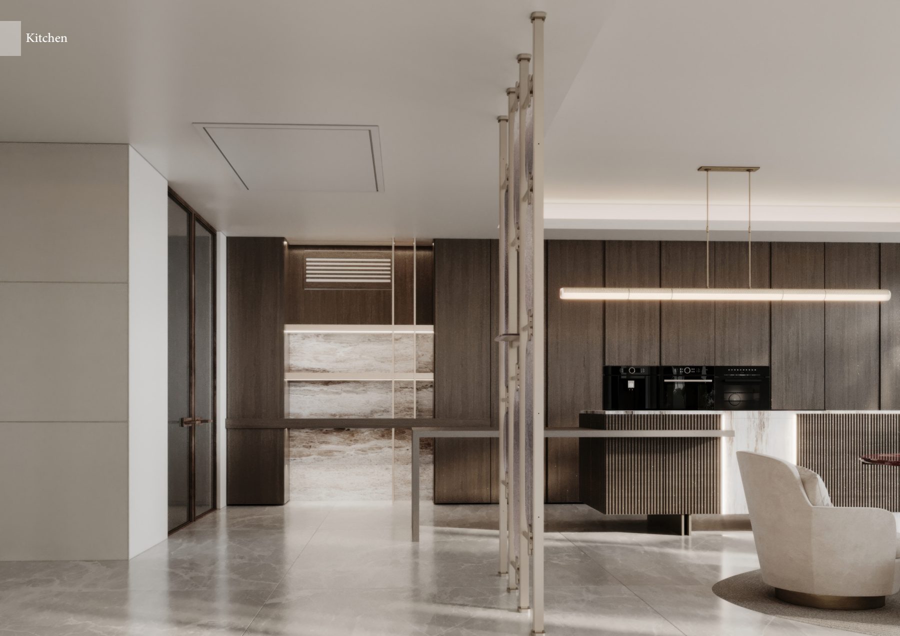 Open-plan kitchen with timber cupboards and a stone island.
