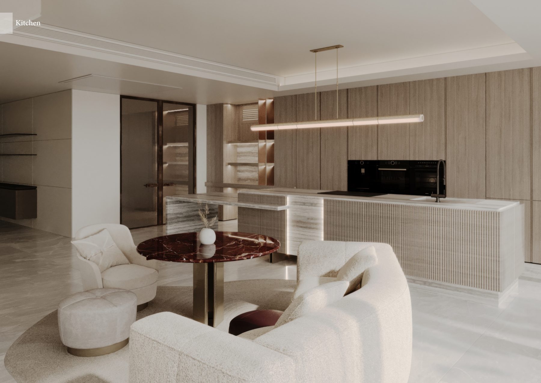 Cream lounge seating beside a burgundy table and pale kitchen island.