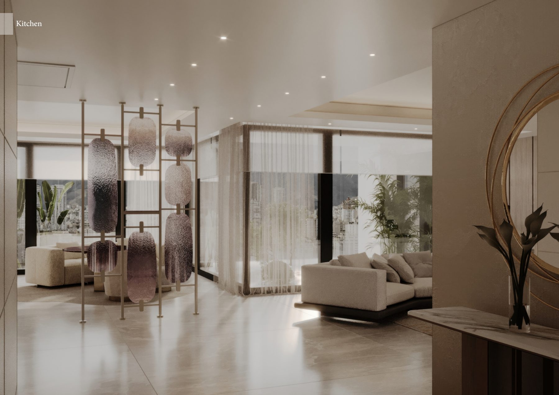 Layered open-plan interior with shelving screens and curved seating.