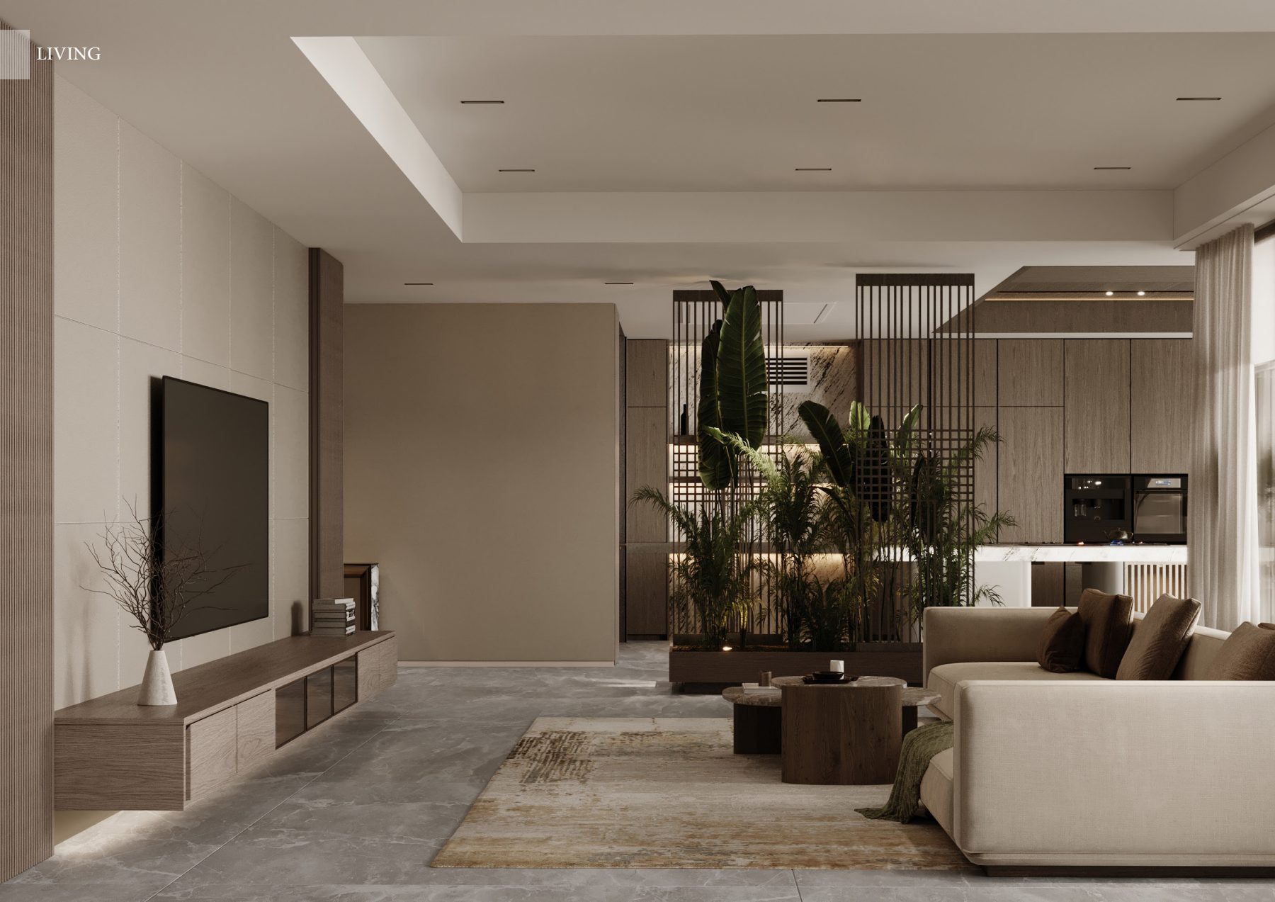 Living room with a planted metal screen between seating and kitchen.