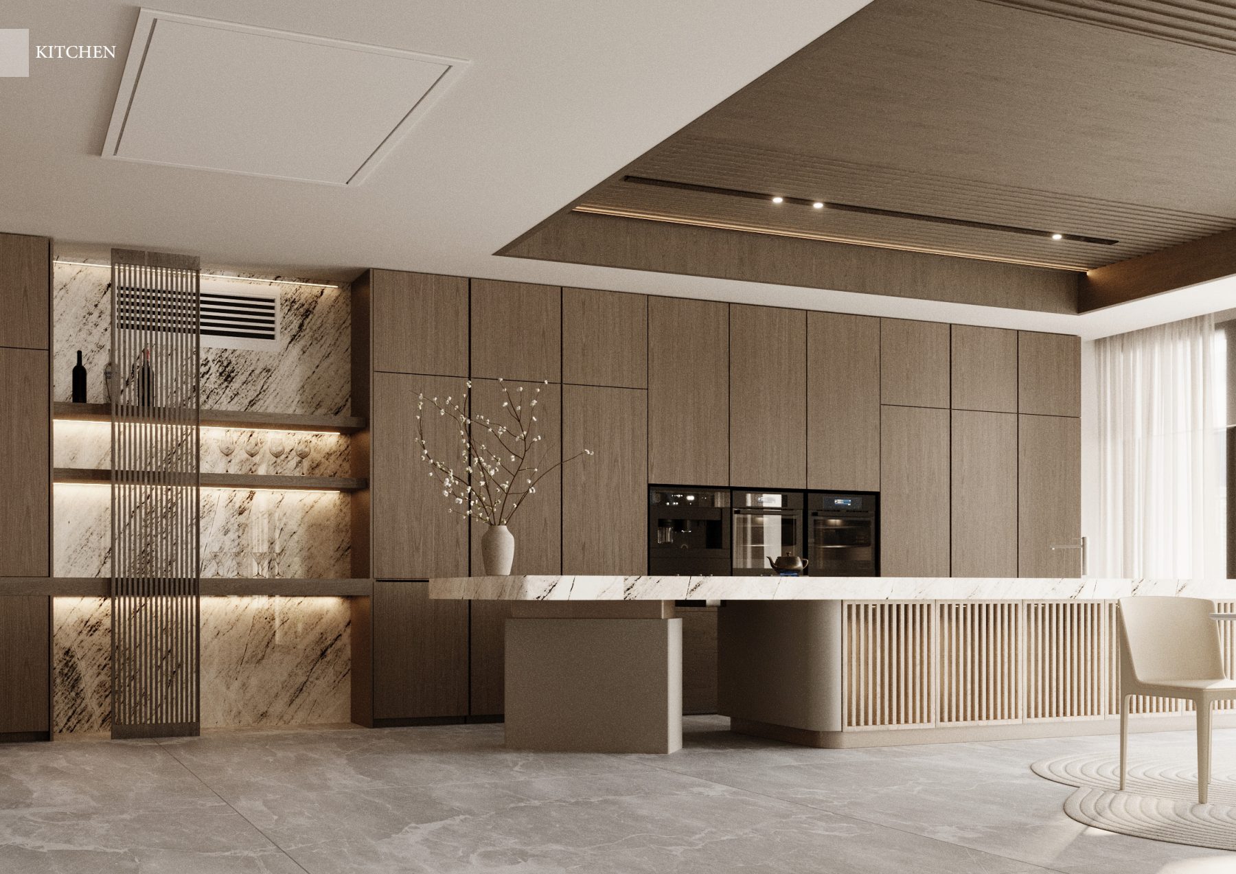 Long stone kitchen island with timber cabinets and illuminated stone shelving.