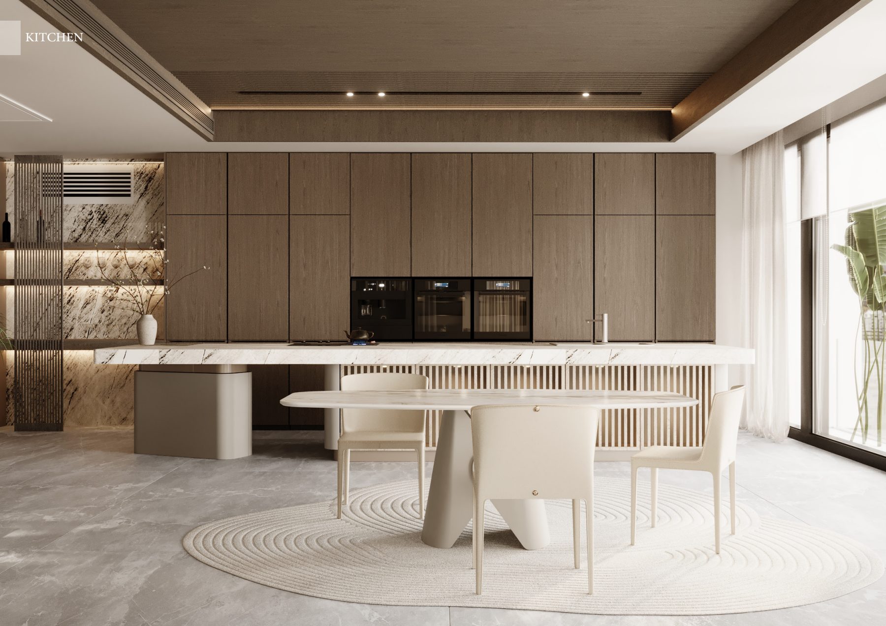 Front view of a ribbed kitchen island and rounded breakfast table.