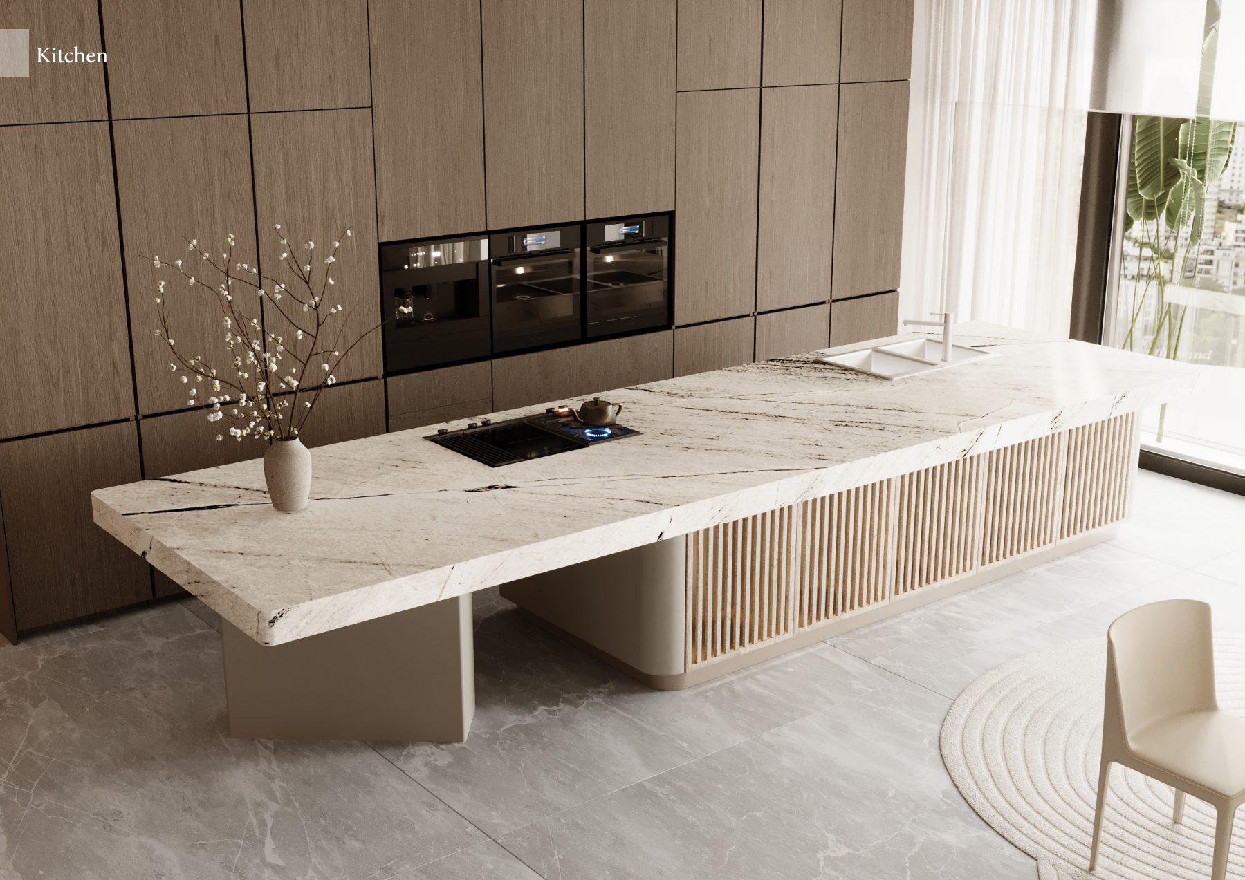 Overhead view of a veined-stone kitchen island with a ribbed timber front.