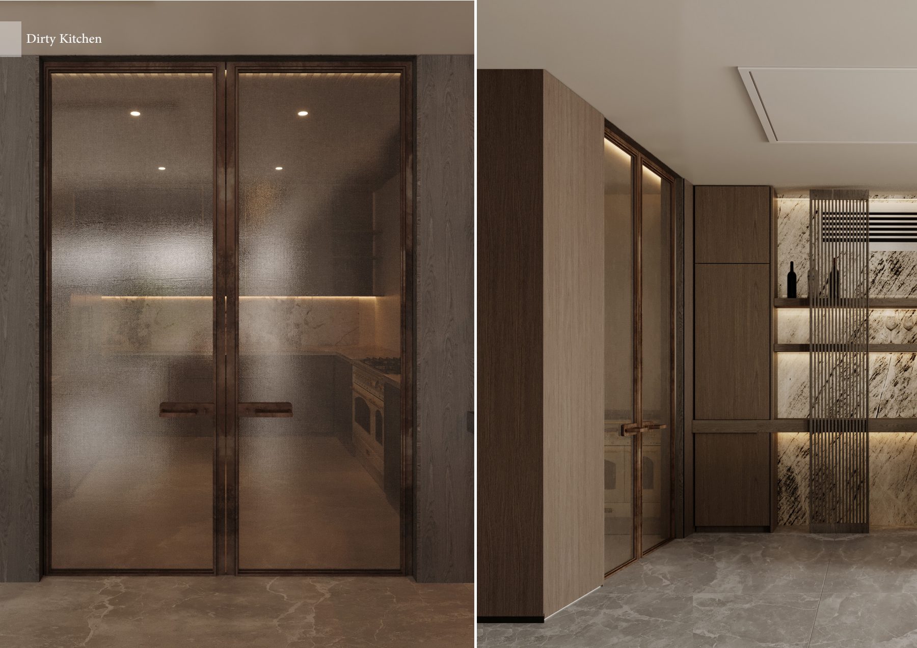 Bronze-framed glass doors opening to a secondary kitchen.