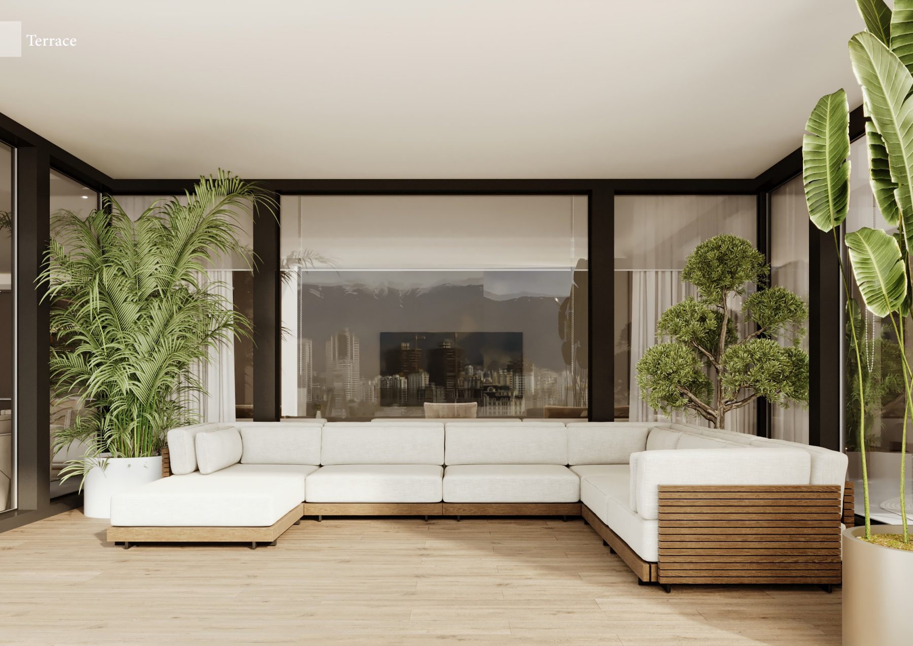 Covered terrace with cream corner seating and tropical planting.