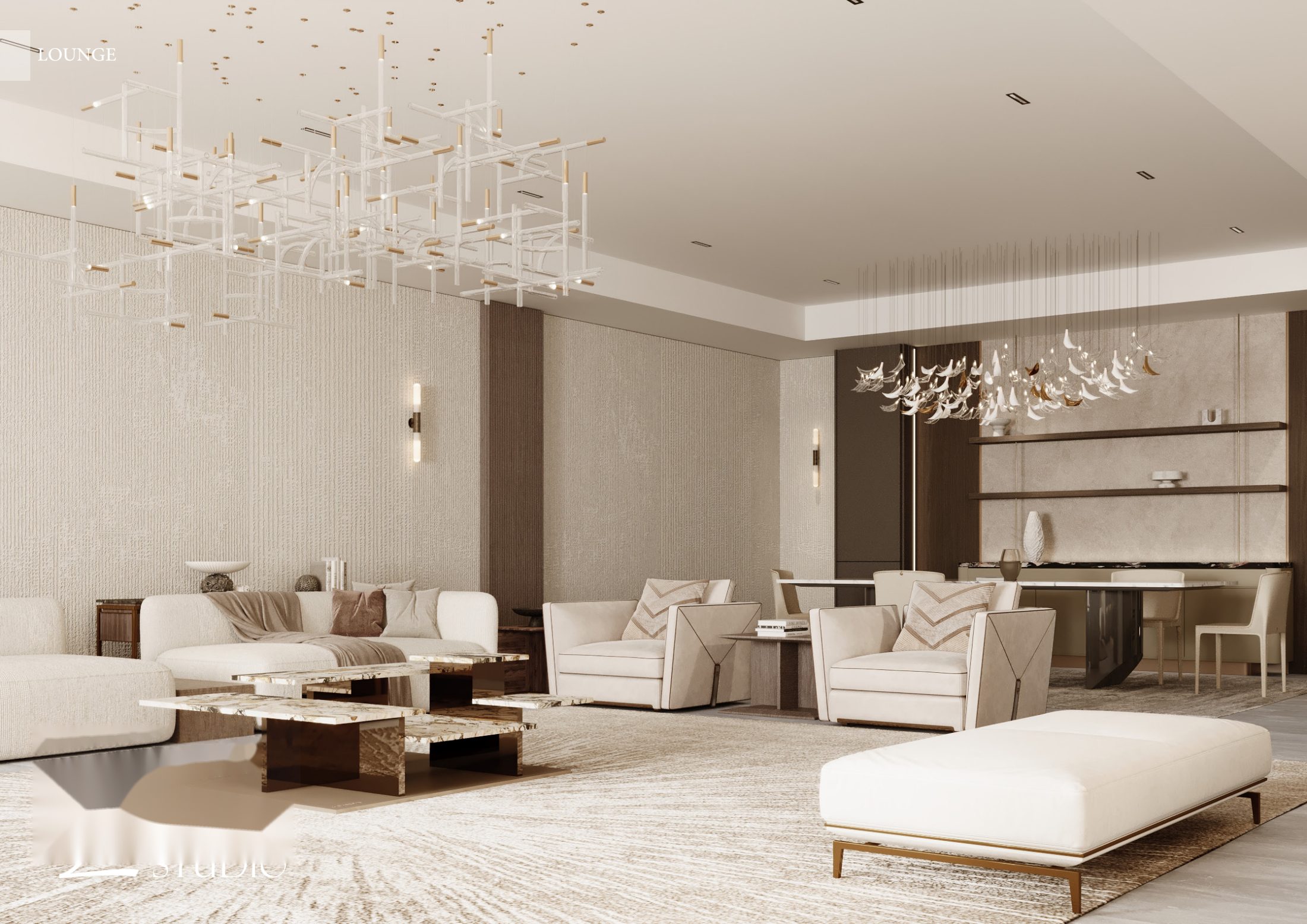 Formal lounge with cream seating and a geometric suspended chandelier.