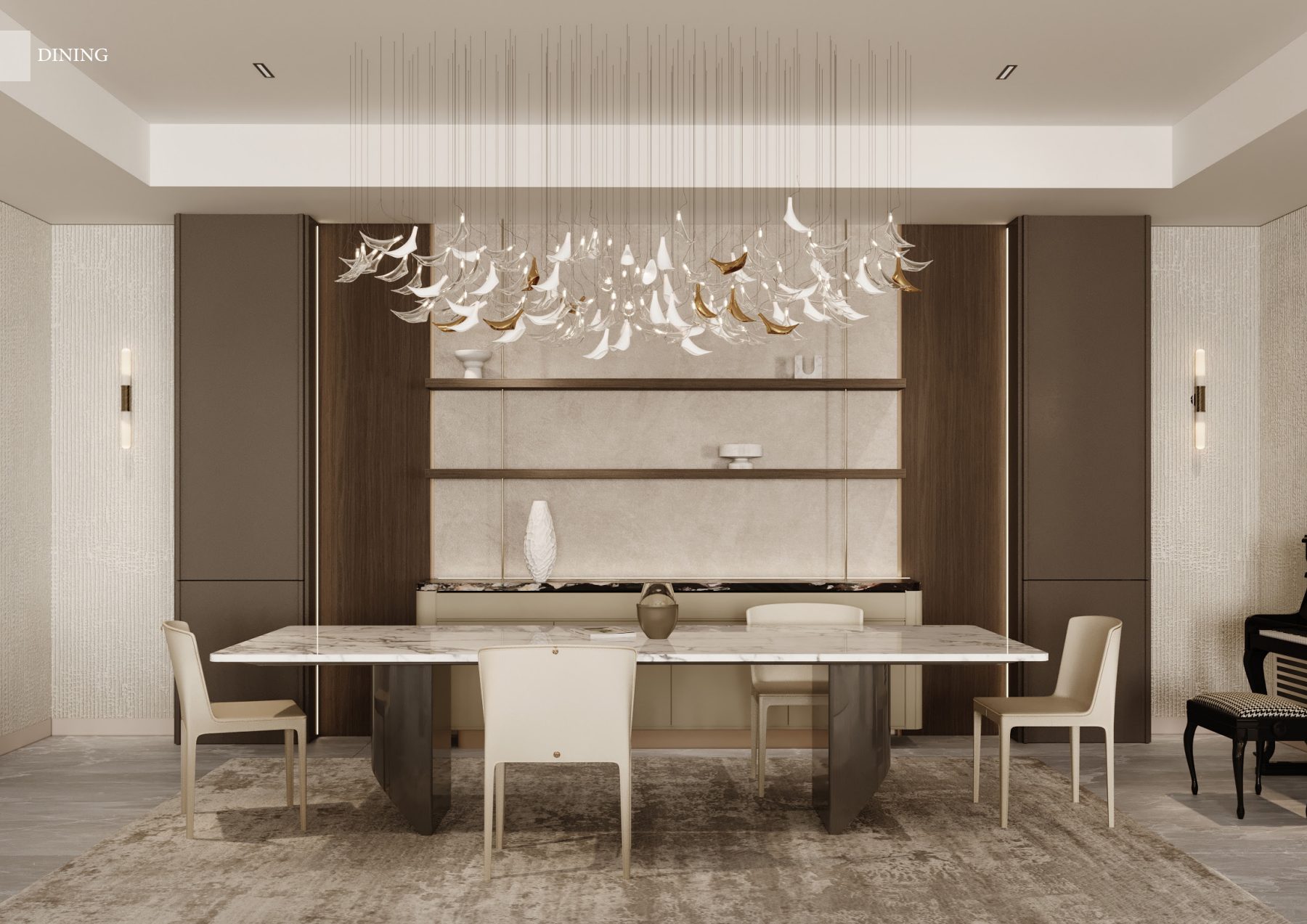 Dining table beneath a branching chandelier against timber and stone shelves.