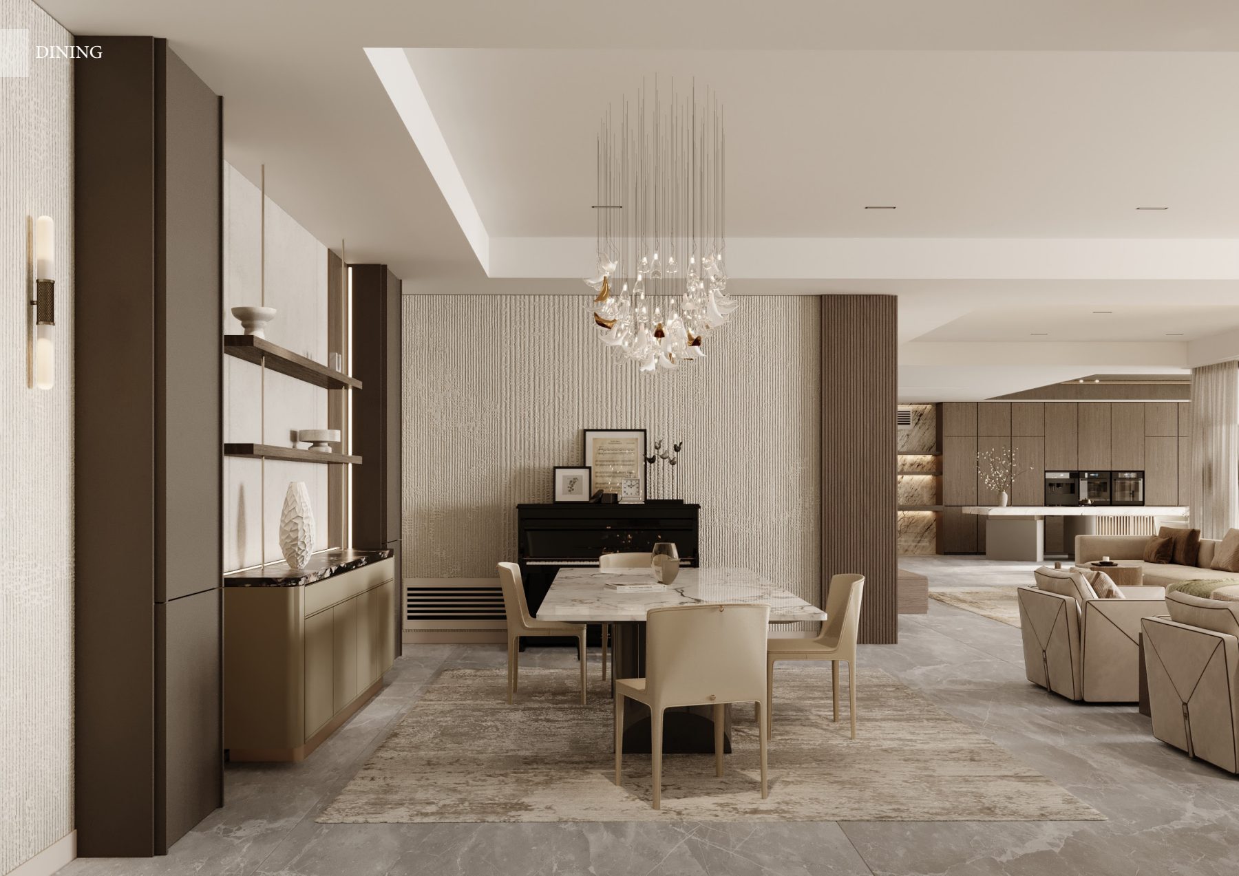 Dining area with a sculptural pendant and a piano beyond.