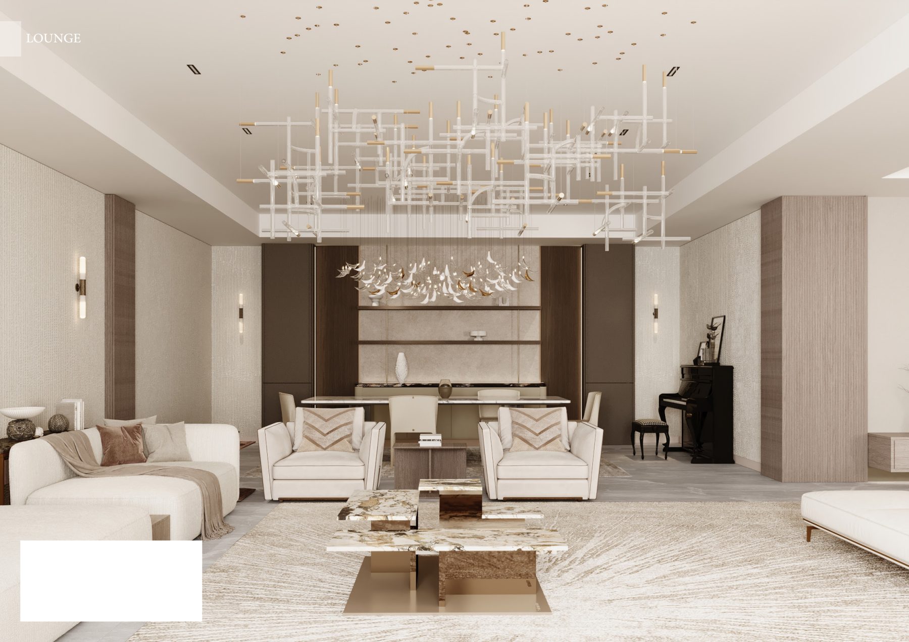 Formal living room with angular armchairs and a geometric chandelier.