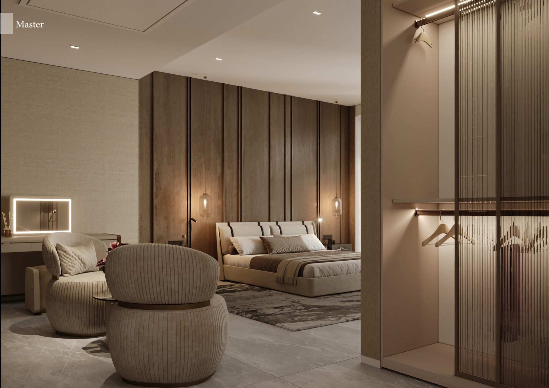 Warm bedroom suite with timber wall panels and a rounded lounge chair.