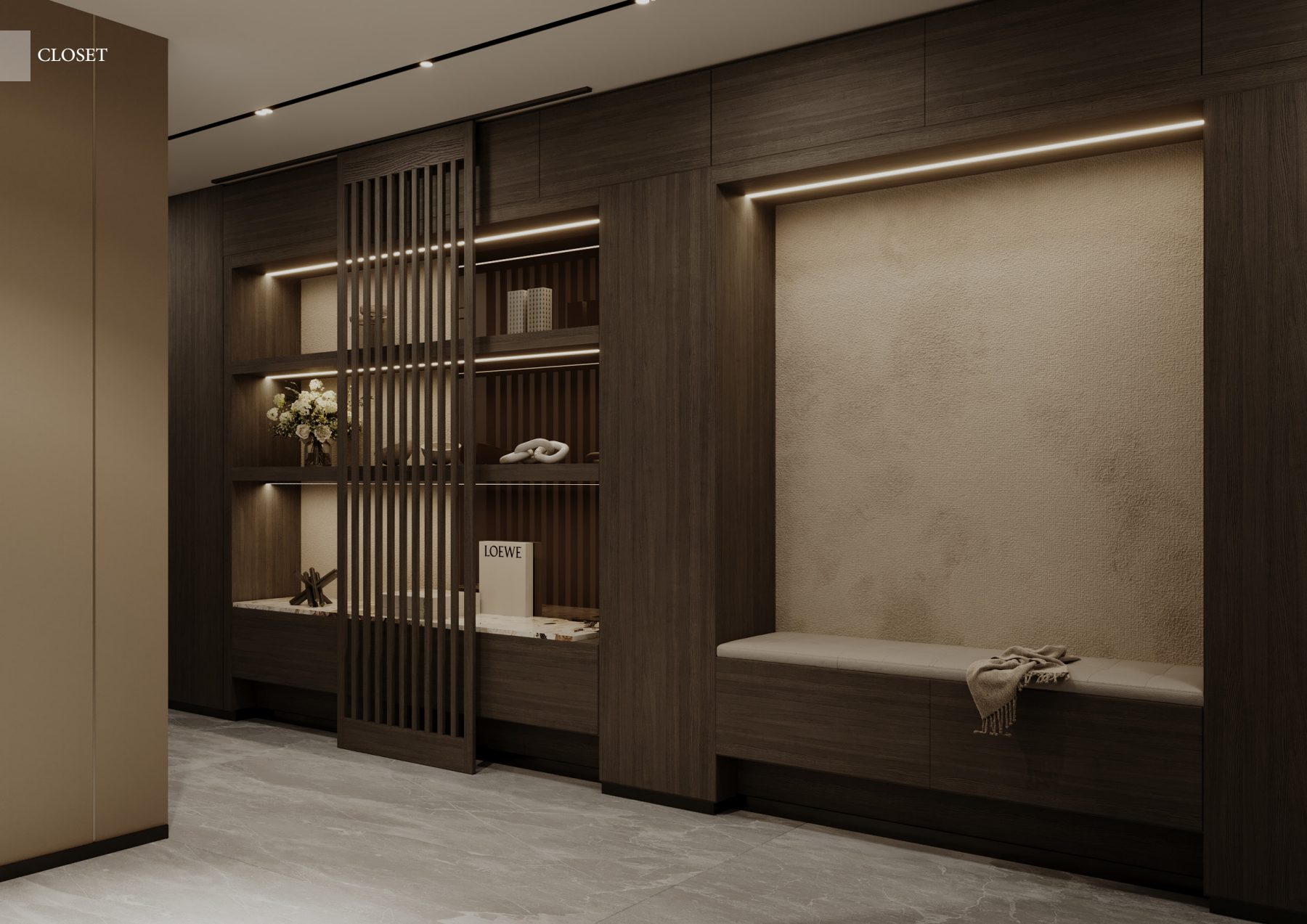 Dark timber wardrobe with open display shelving and an upholstered bench.