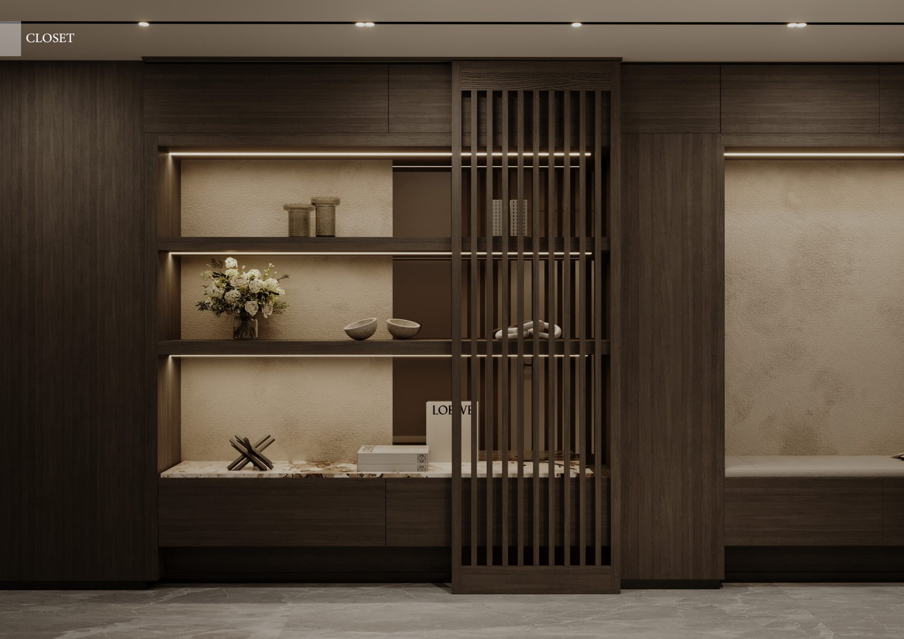 Front view of illuminated wardrobe shelves behind sliding slatted panels.