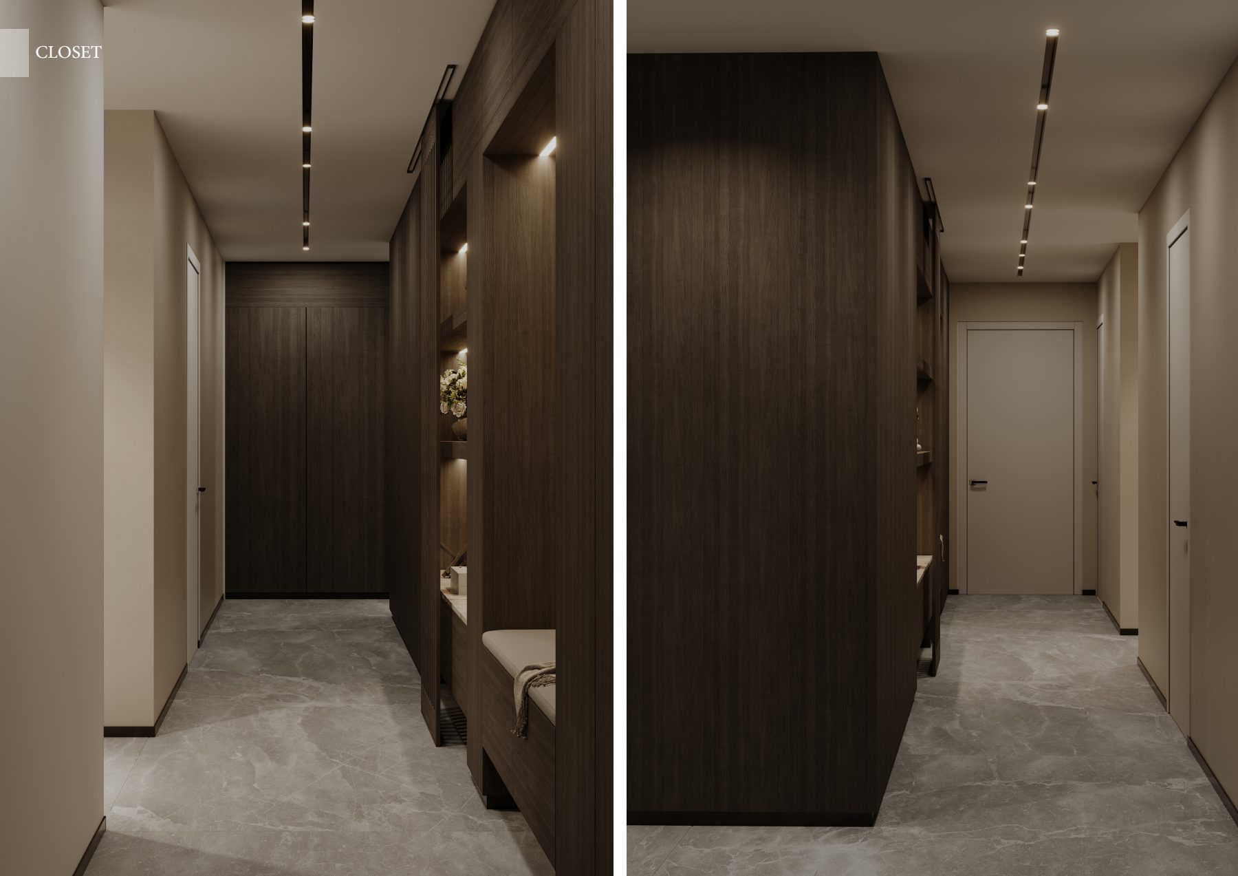 Two views of a narrow dressing corridor with dark timber joinery.
