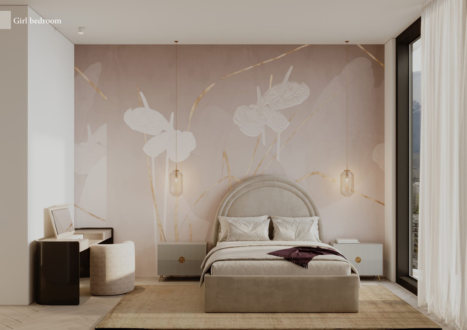 Blush bedroom with a curved headboard and butterfly wall decoration.