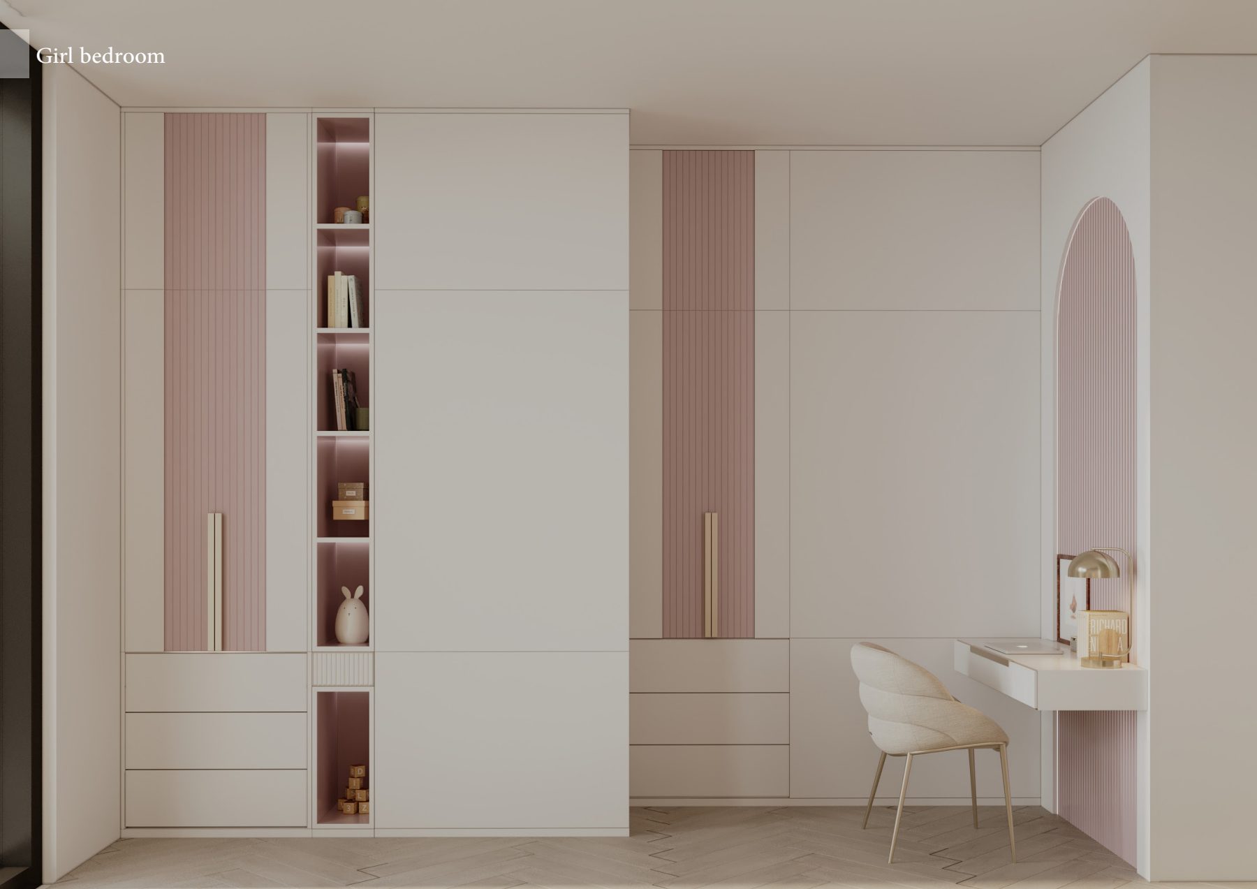 White wardrobe with blush vertical panels and an integrated desk.