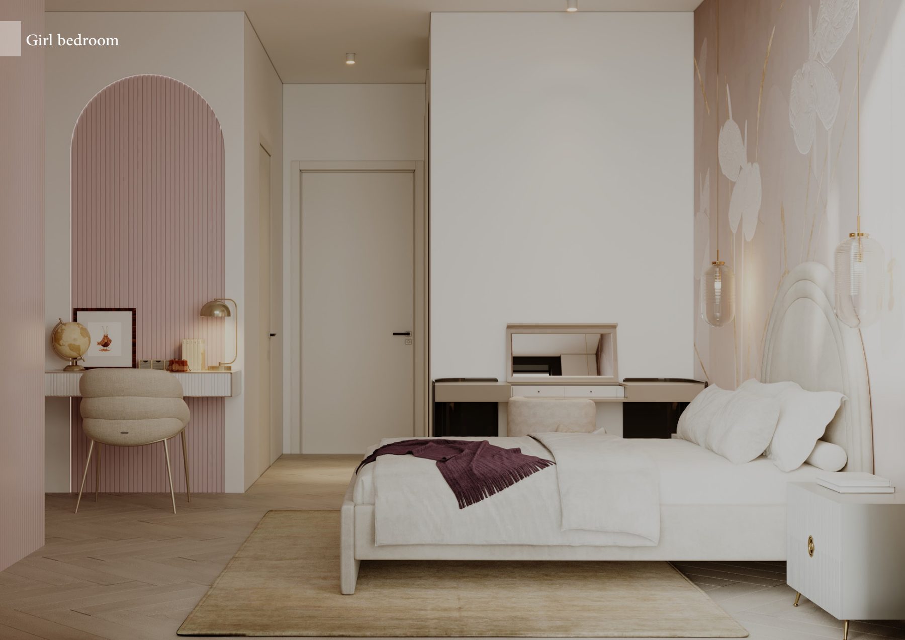 Blush bedroom with a desk alcove and butterfly mural above the bed.