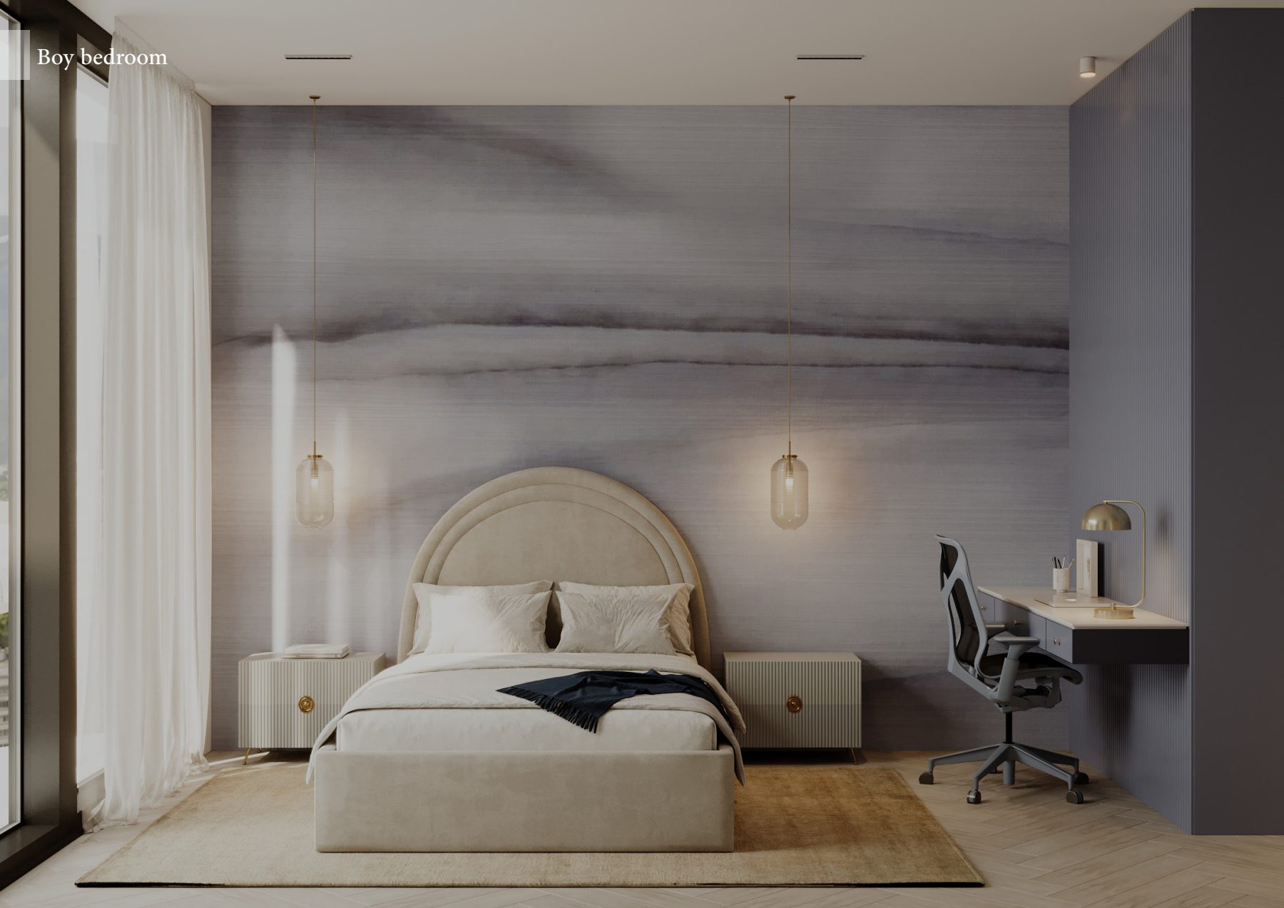 Blue-grey bedroom with a landscape mural and a compact desk.