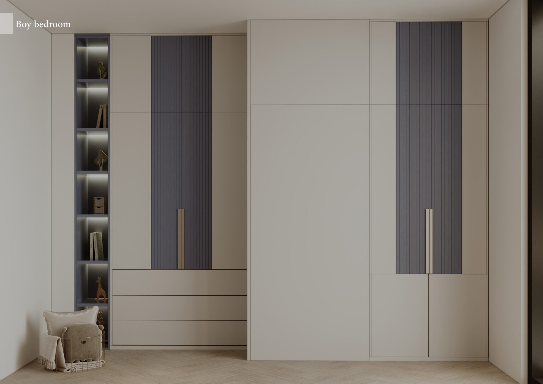 White and blue-grey wardrobe with narrow illuminated display shelves.